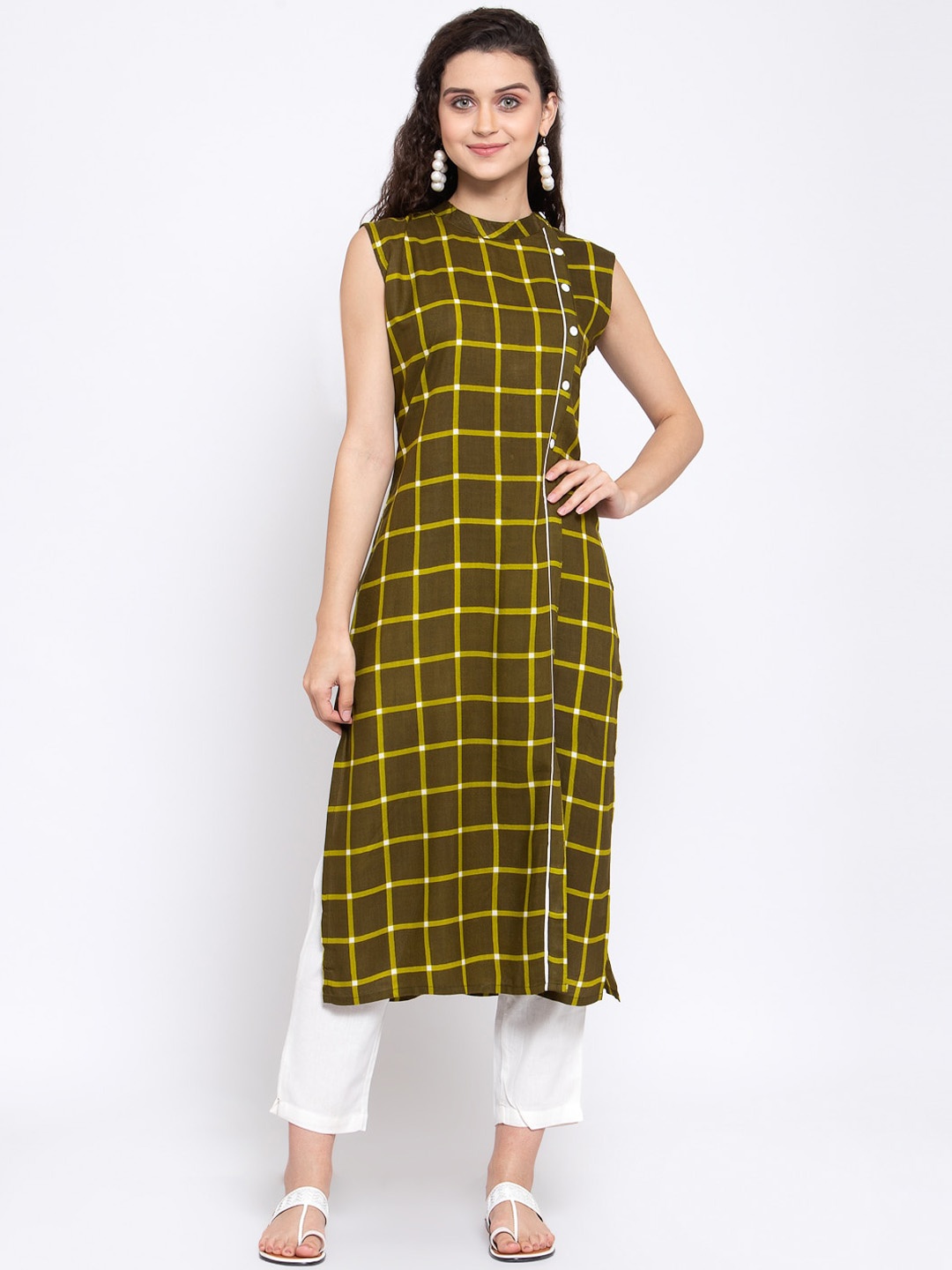 

Indibelle Women Olive Green & Yellow Checked Kurta with Trousers