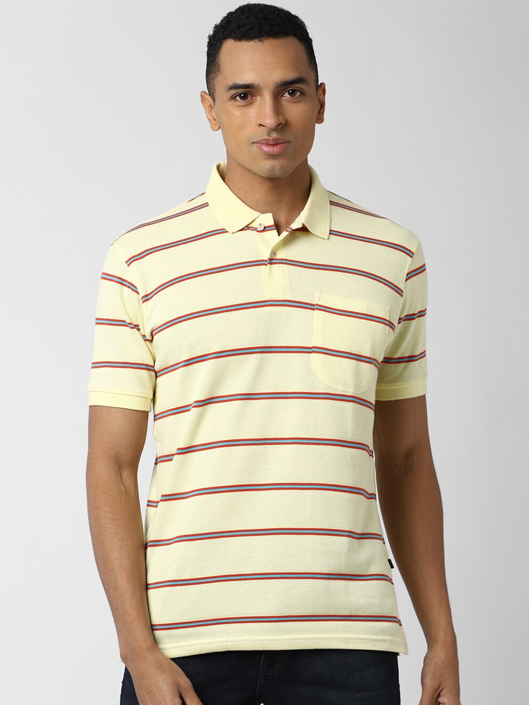 

Peter England Casuals Men Yellow Striped Polo Collar T-shirt