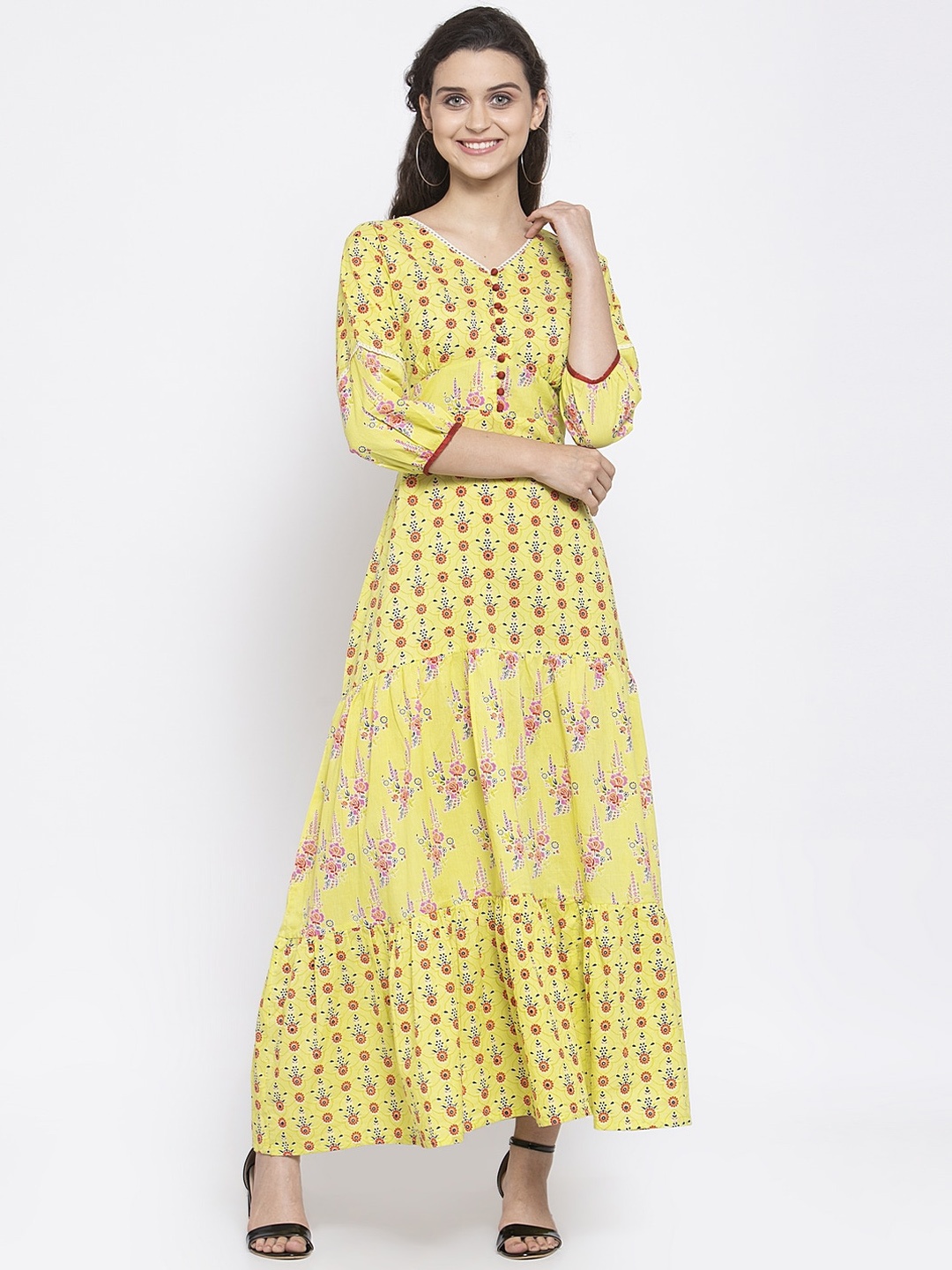 

Indibelle Women Yellow Floral Printed A-Line Maxi Dress
