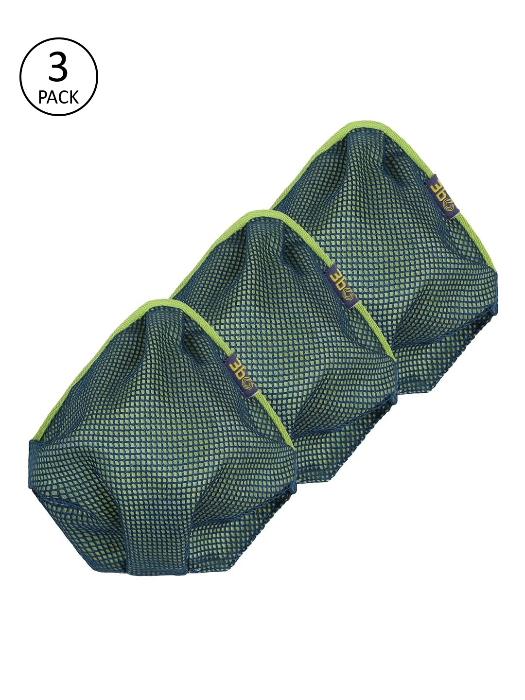 

3BO Women Pack Of 3 Blue & Green 3-Ply Cotton Reusable Cloth Face Masks