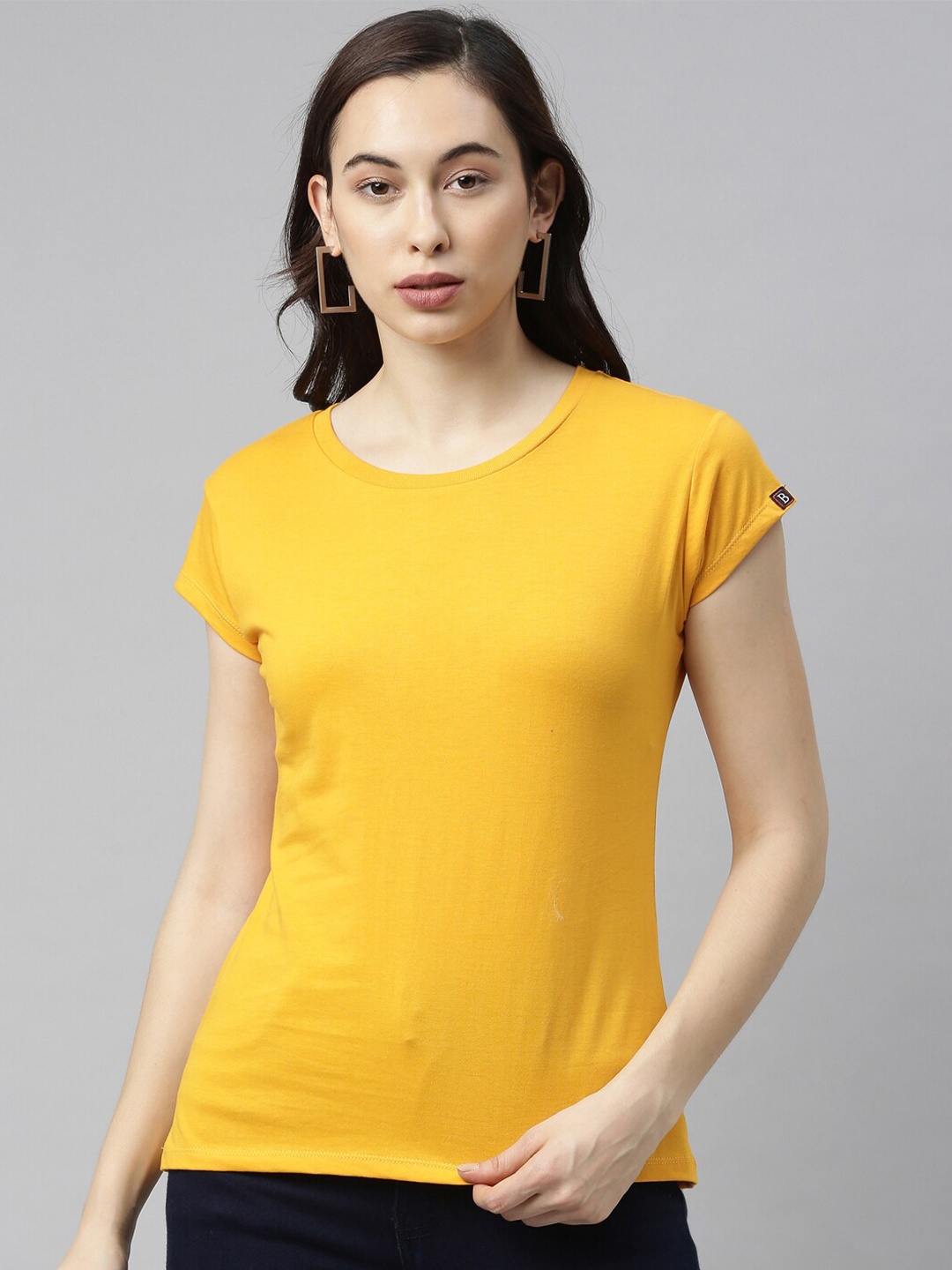 Bushirt Women Mustard Yellow Pure Cotton Solid Round Neck T-shirt