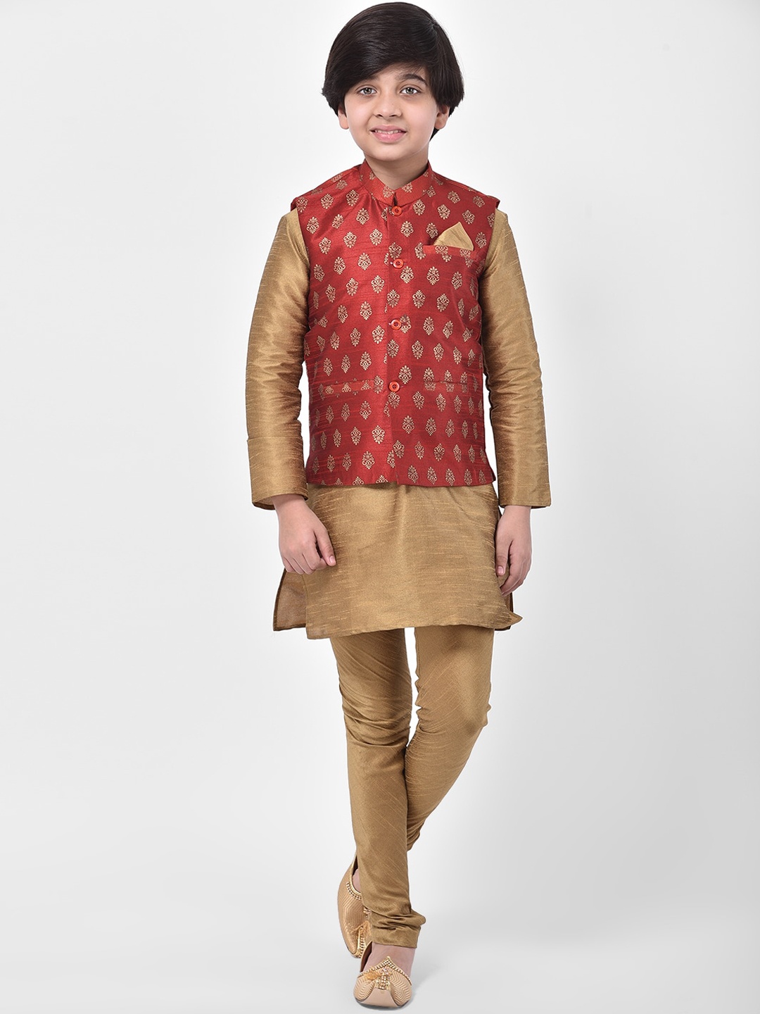 

DEYANN Boys Gold-Toned & Red Regular Dupion Silk Kurta & Churidar With Nehru Jacket