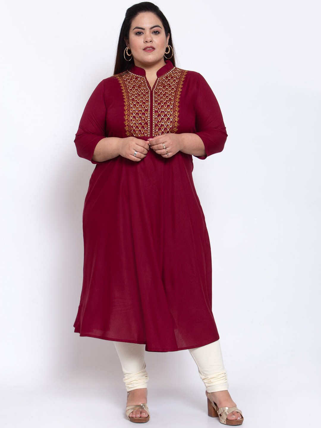 

plusS Women Maroon Ethnic Motifs Yoke Design Kurta