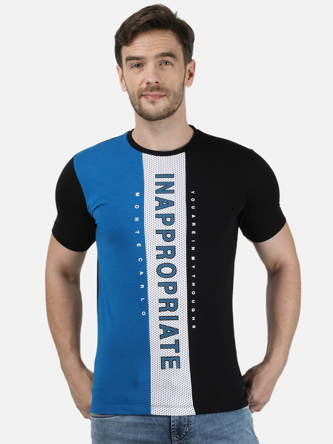 

Monte Carlo Men Blue & Black Printed Round Neck T-shirt