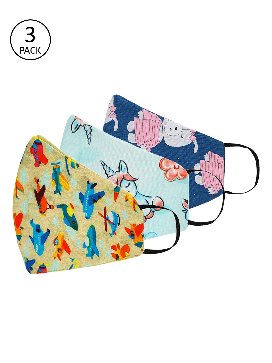 Tossido Kids Pack Of 3 Blue & Pink Printed 3-Ply Cloth Face Masks