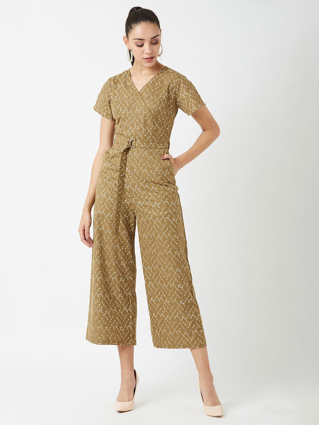 

Miss Chase Women Olive Green Printed Culotte Jumpsuit