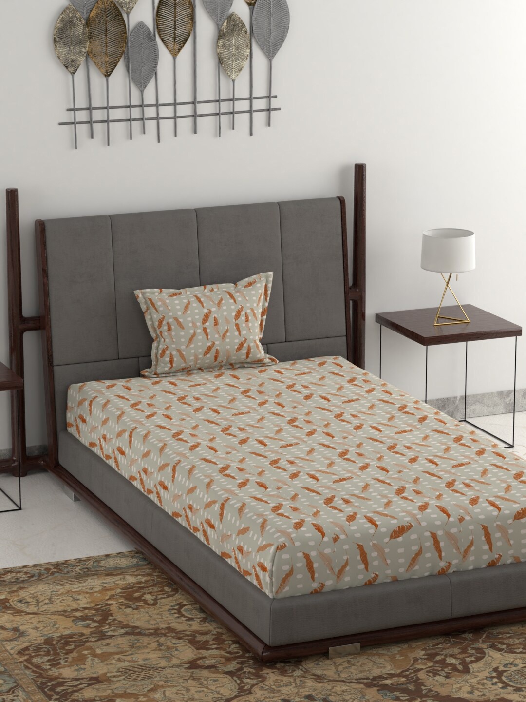 

BLUE DAHLIA Grey & Brown Floral 210 TC Cotton 1 Single Bedsheet with 1 Pillow Covers