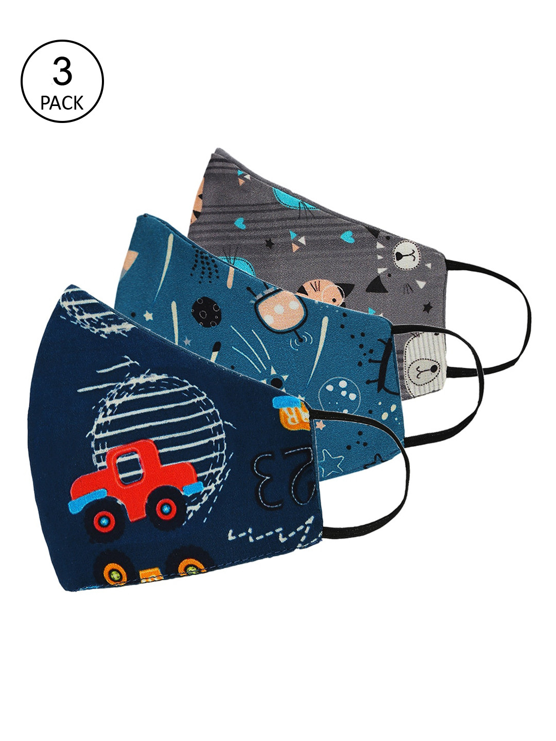 

Tossido Kids Pack Of 3 Safety Cartoon Printed 3-Ply 100% Cotton Premium Reusable Cloth Face Masks, Grey