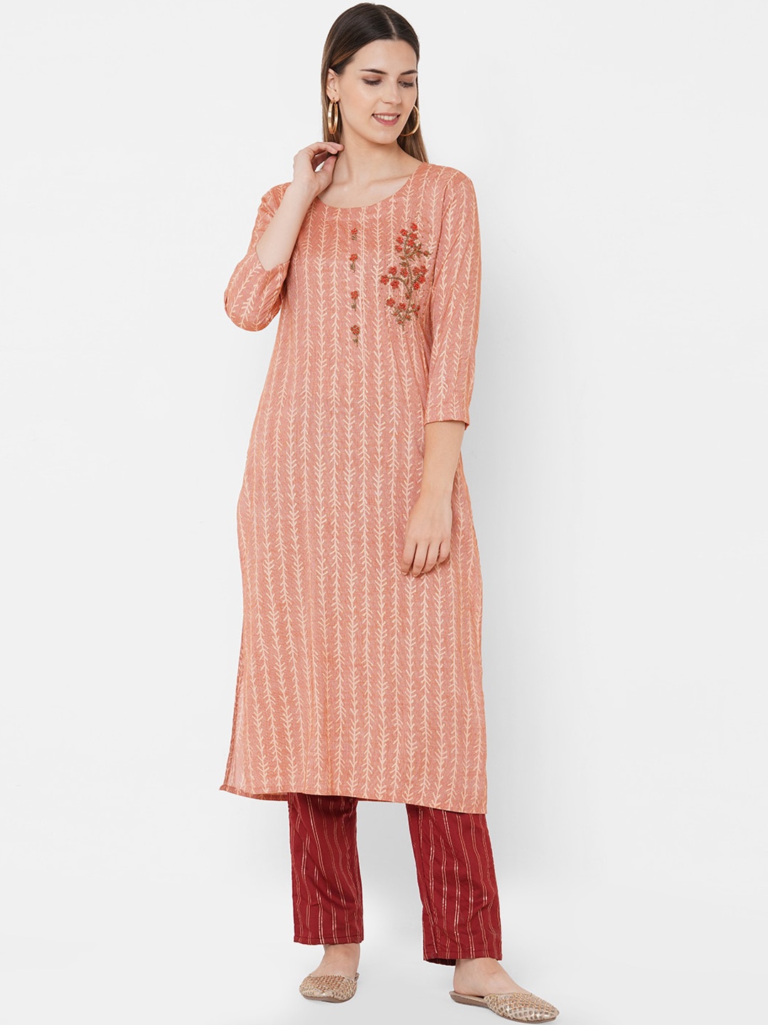 

FASHOR Women Orange Striped Thread Work Kurta