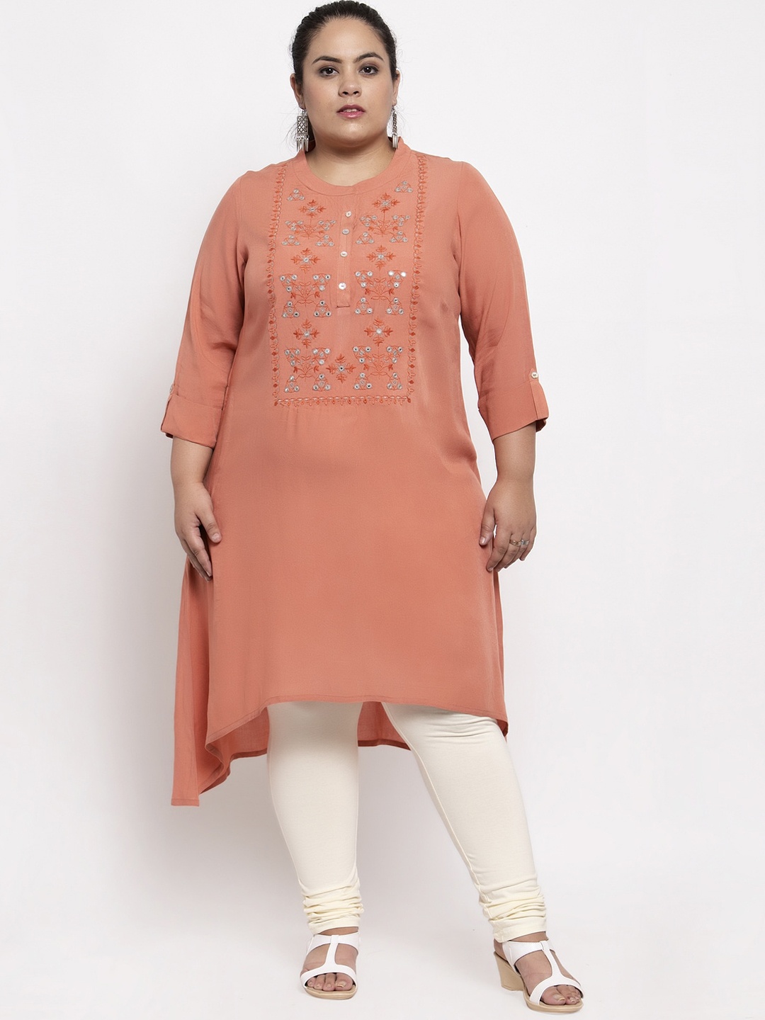 

plusS Women Peach-Coloured Embroidered Thread Work Kurta