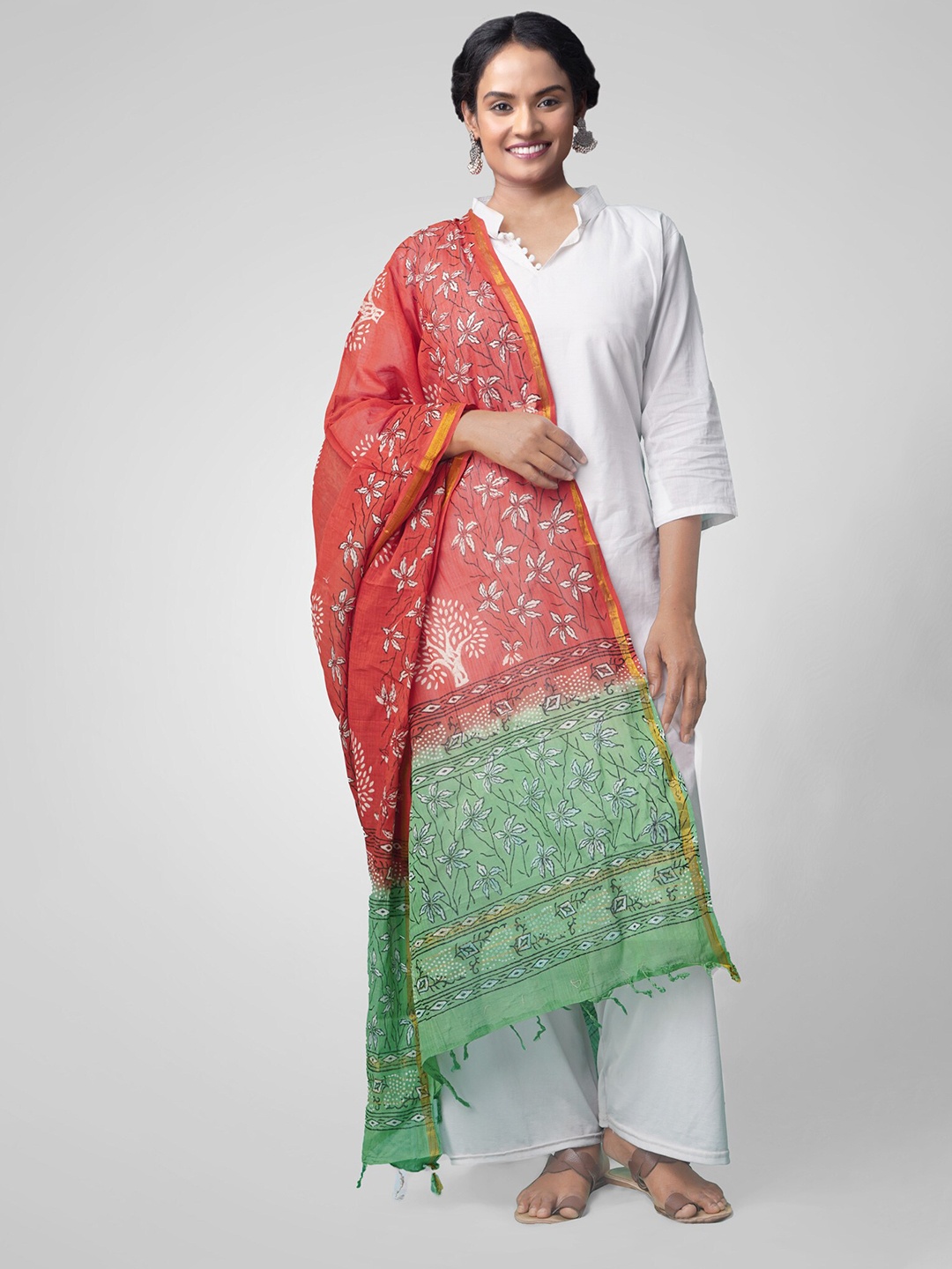 

Unnati Silks Red & Green Hand Block Printed Chanderi Cotton Dupatta