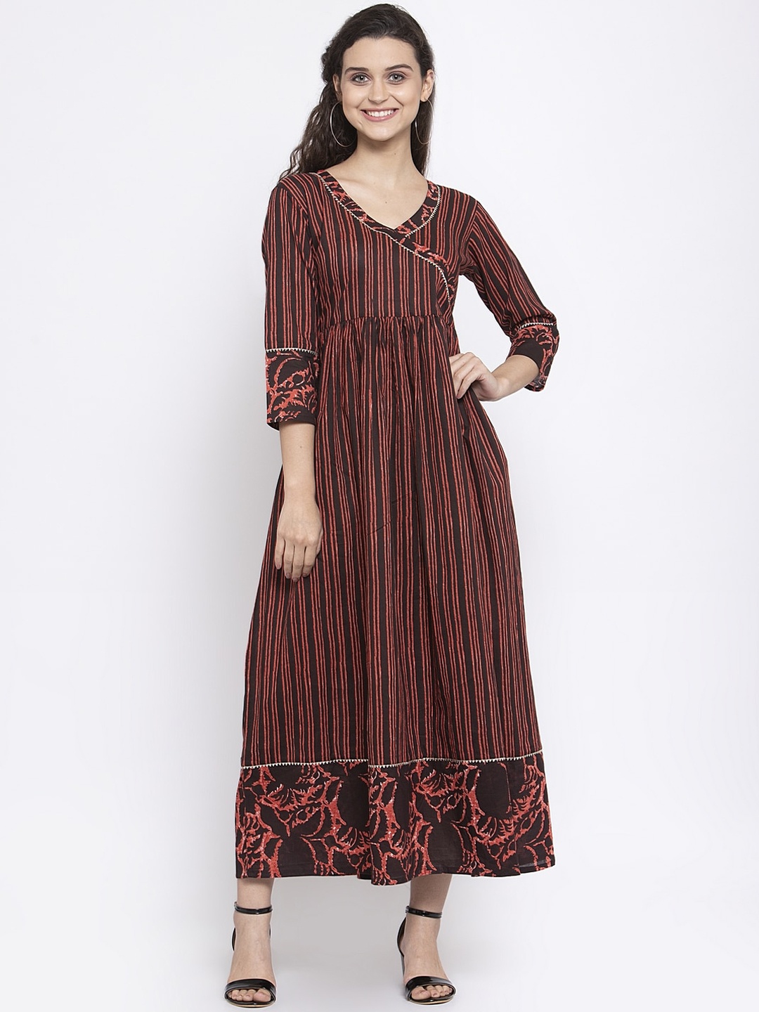 

Indibelle Women Coffee Brown Striped Printed A-Line Maxi Ethnic Dress