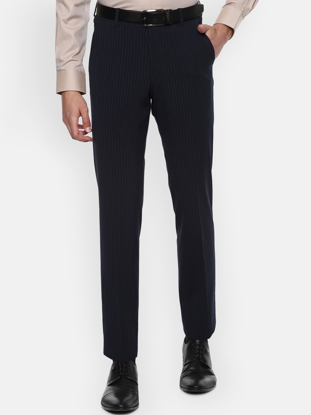 

Louis Philippe Men Navy Blue Slim Fit Striped Formal Trousers