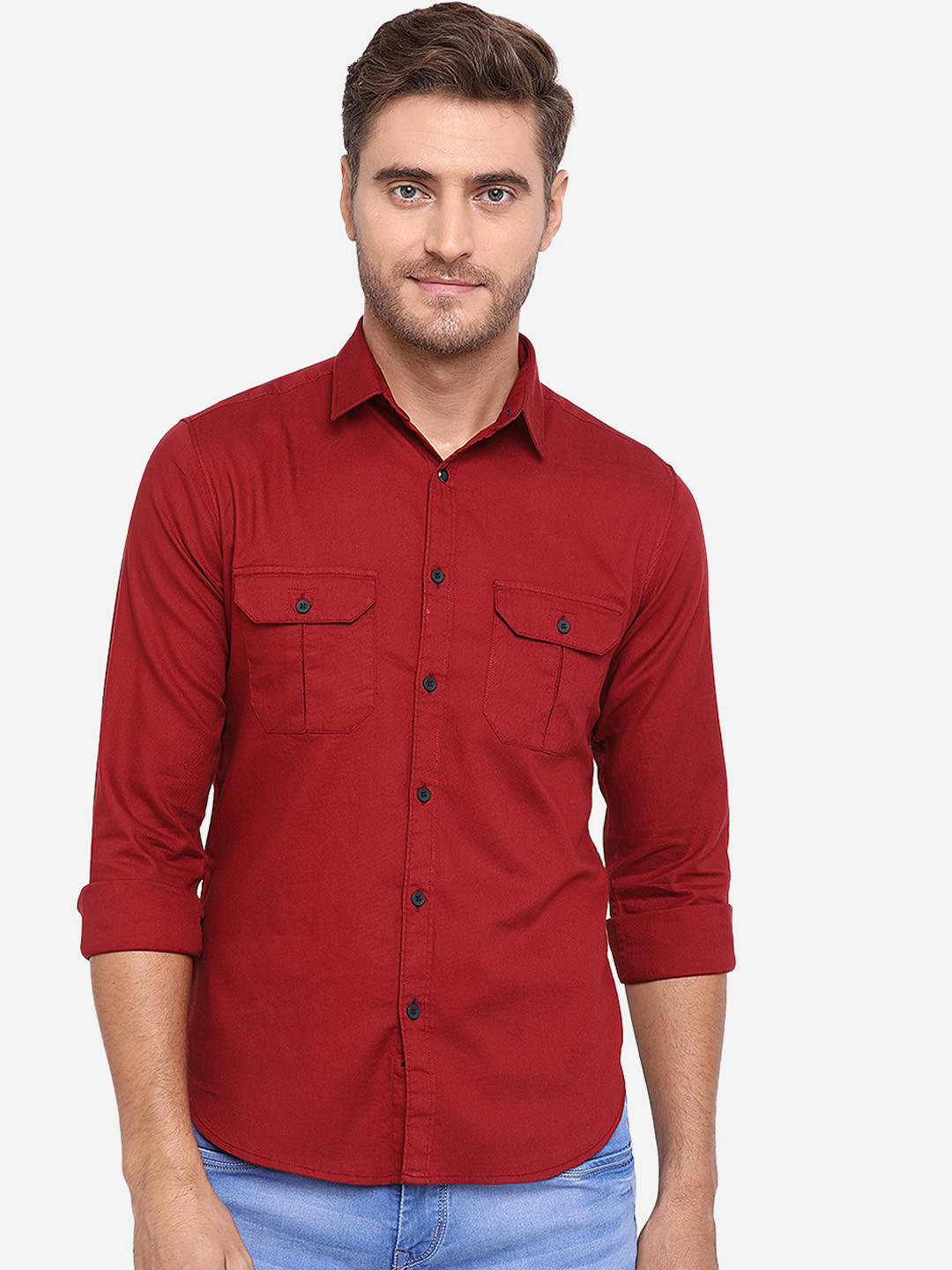 

Greenfibre Men Red Slim Fit Solid Pure Cotton Casual Shirt
