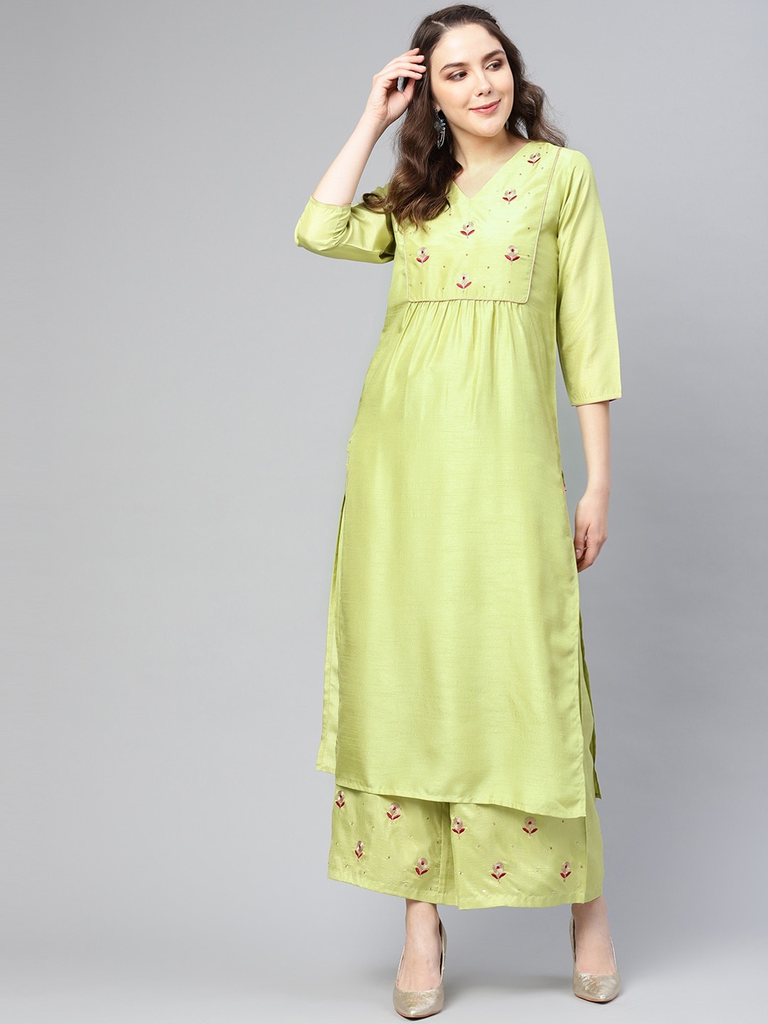 

Varanga Women Lime Green & Red Floral Embroidered Straight Kurta with Palazzos