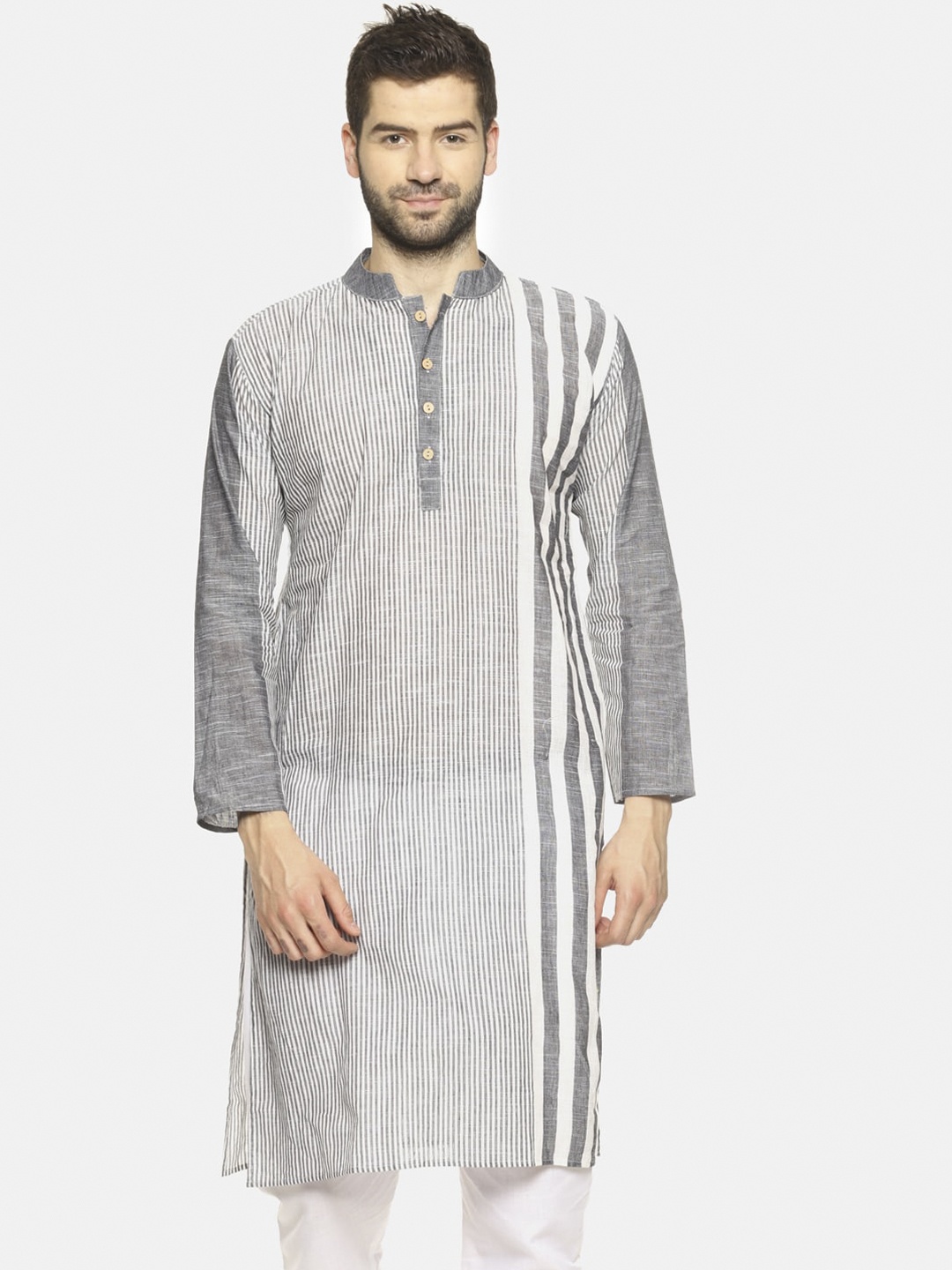 

PAROKSH Men Grey & White Striped Handloom Kurta