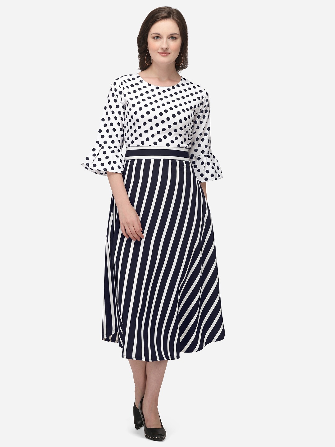 

Florence Women White & Black Striped Printed Fit and Flare Dress