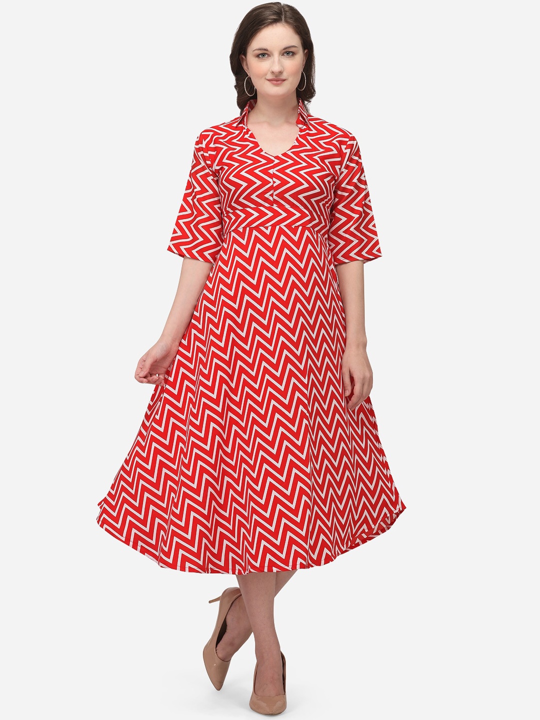 

Florence Women Red Chevron Printed Fit and Flare Dress