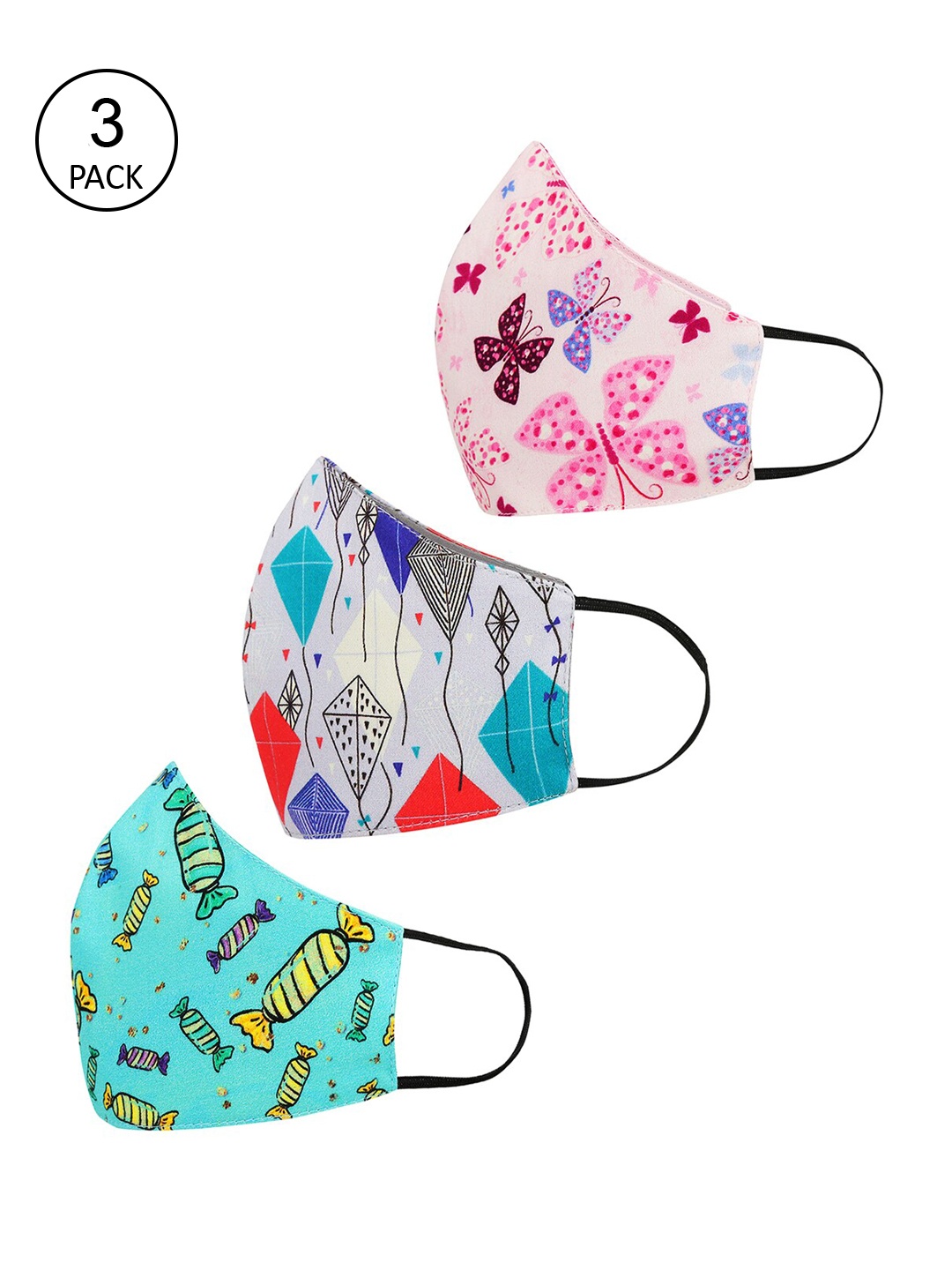 

Tossido Kids Pack Of 3 Printed 3-Ply 100% Cotton Cloth Masks, Green