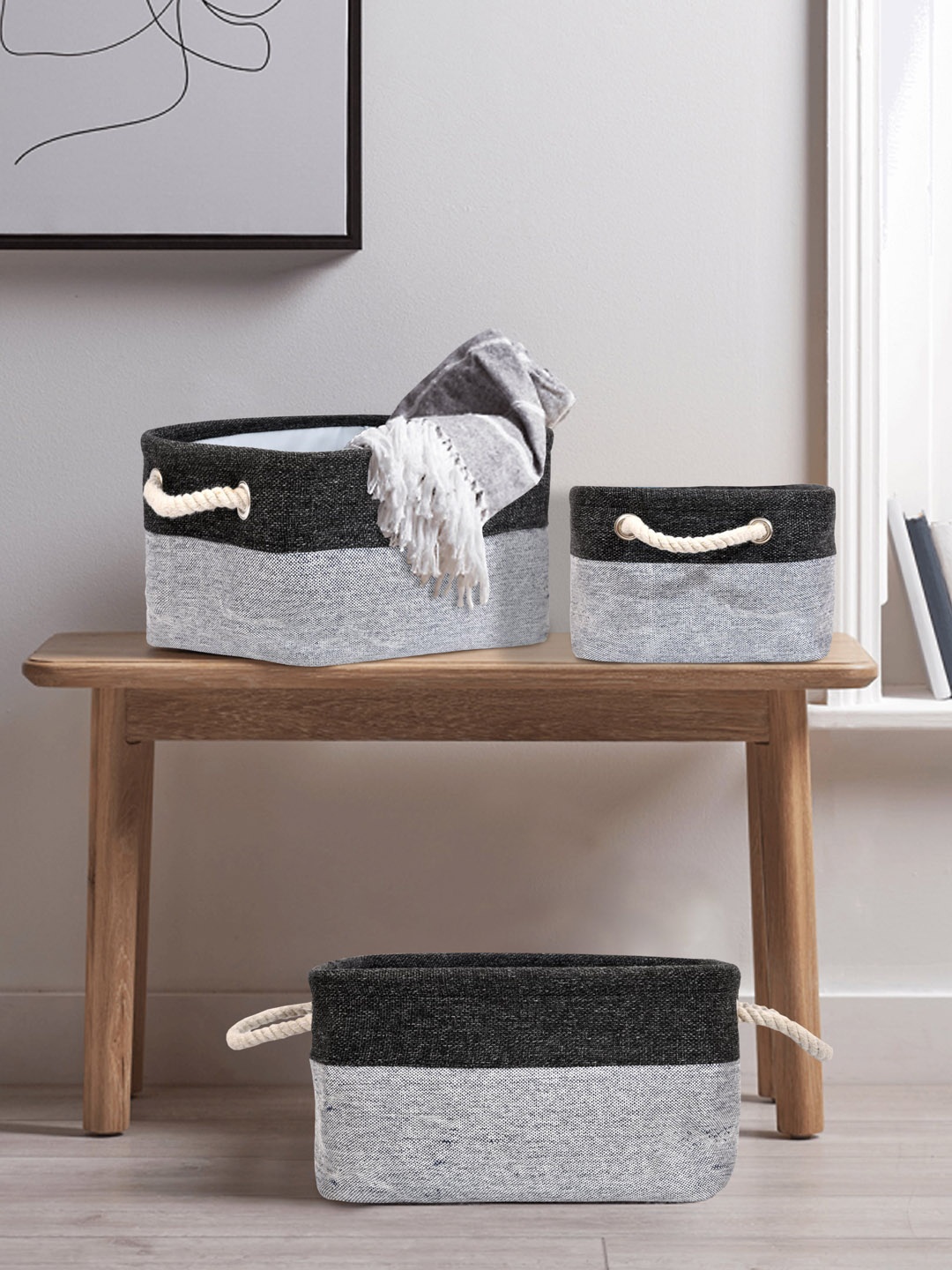 

Clasiko Set Of 3 Grey & Black Colourblocked Handcrafted Eco-Friendly Baskets Organizers