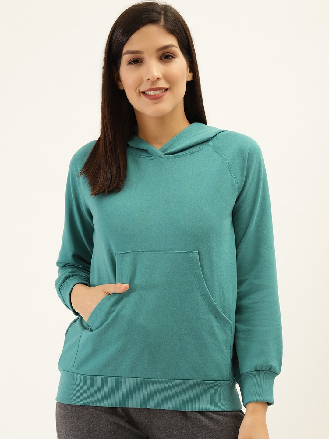 

Laabha Women Sea Green Hooded Solid Sweatshirt