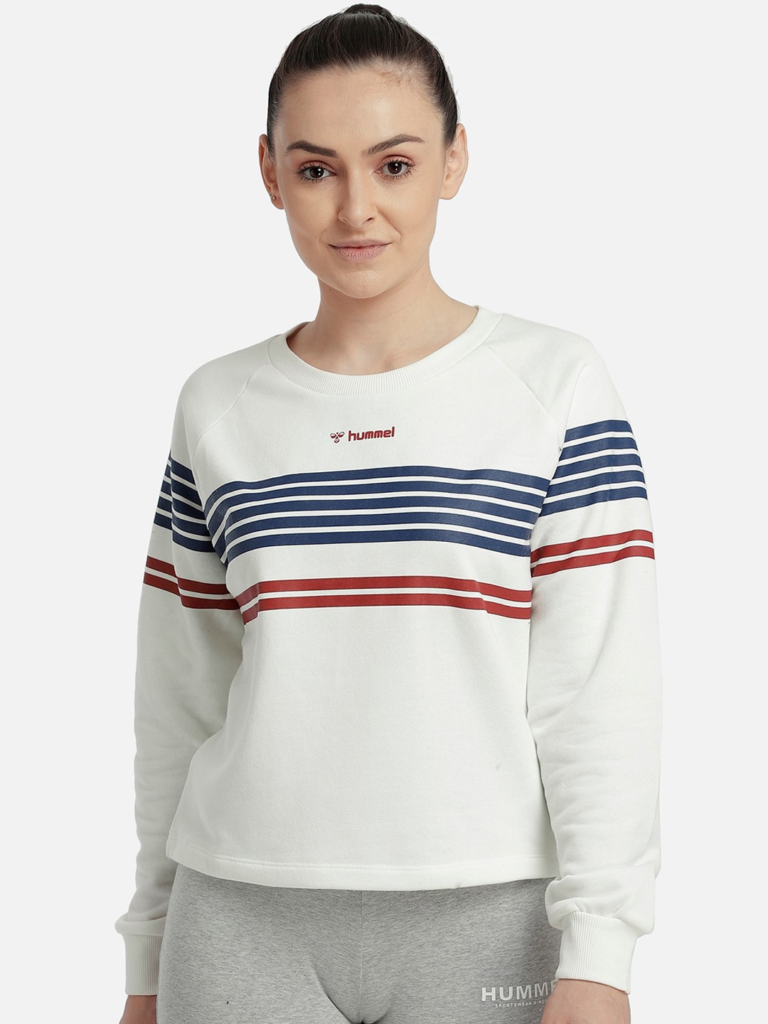 

hummel Women White & Navy Blue Striped Sweatshirt