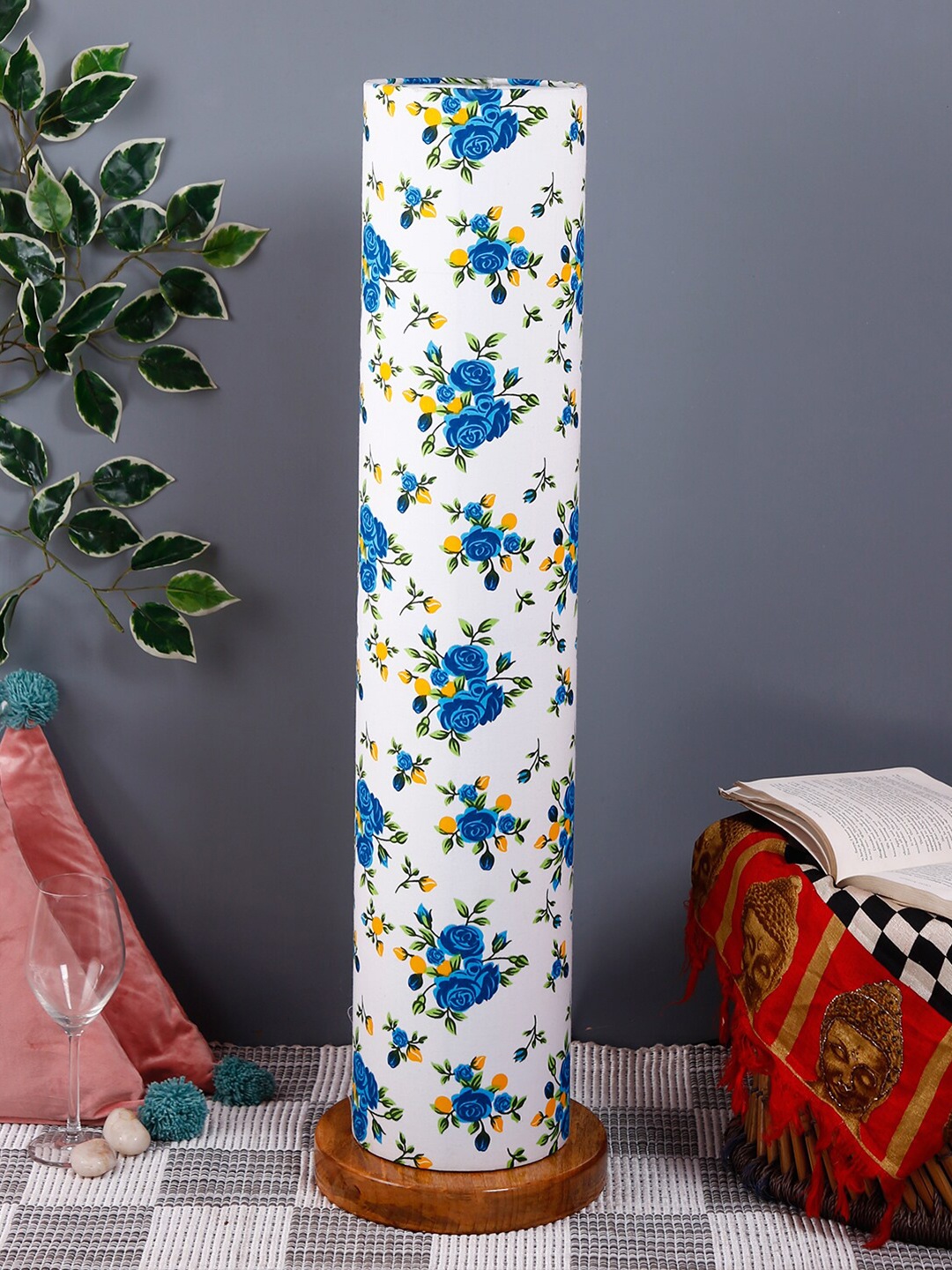 

Devansh White & Blue Printed Traditional Column Lamp with Shade