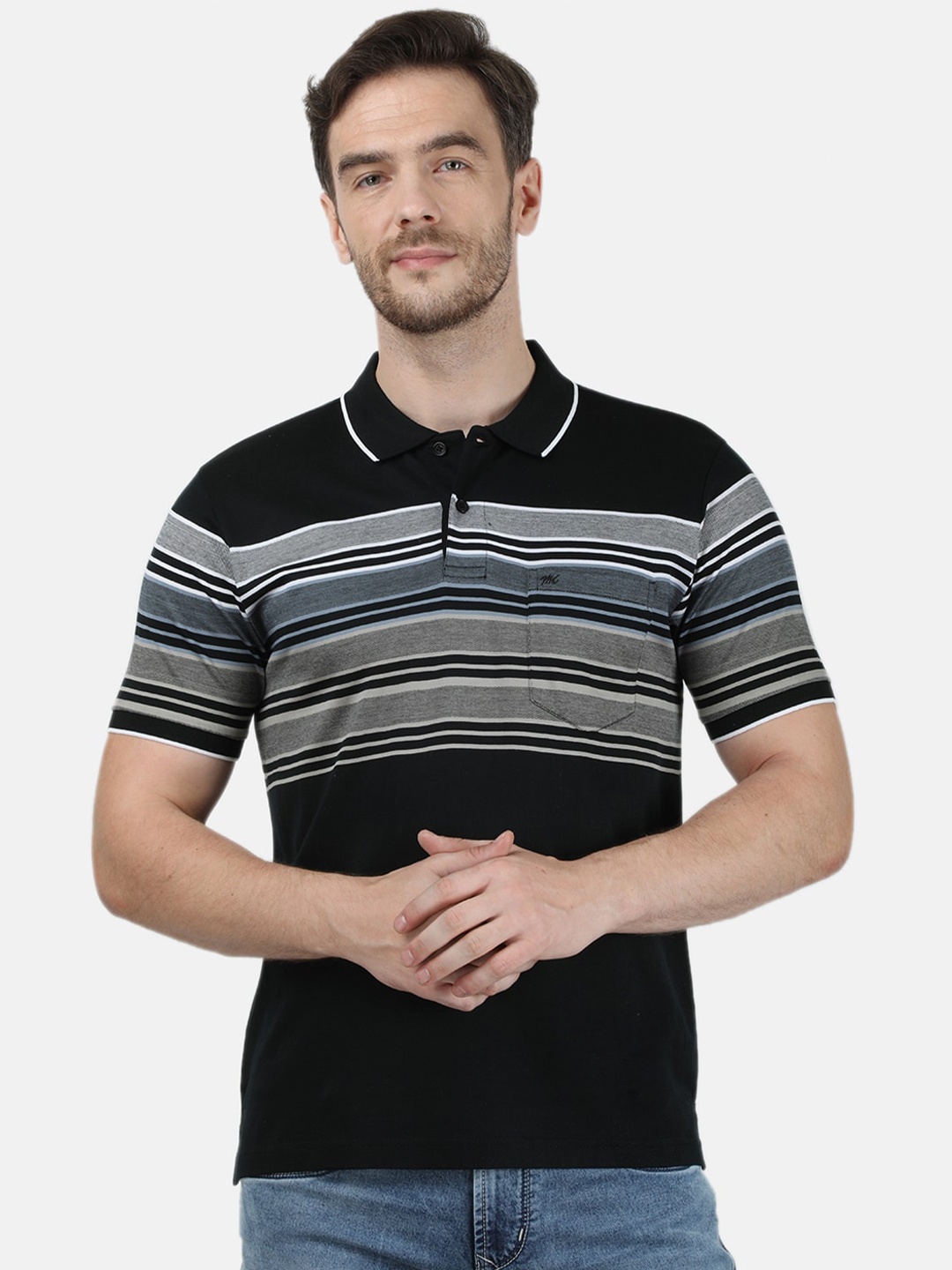 

Monte Carlo Men Black & Grey Striped Polo Collar T-shirt