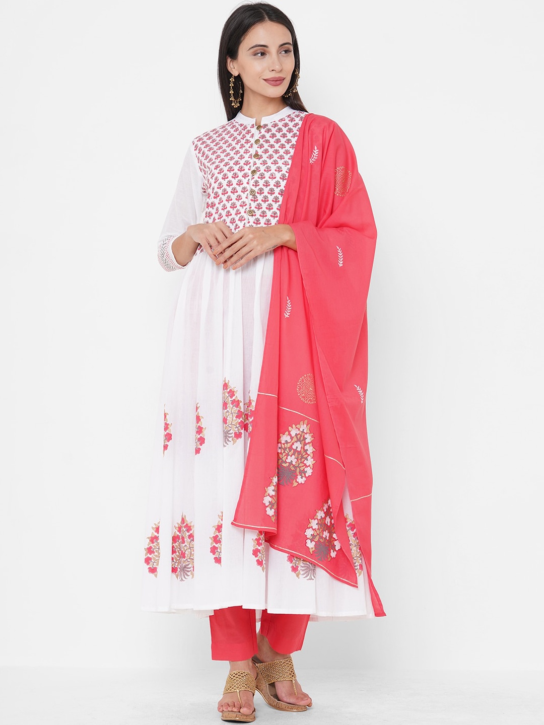 

FASHOR Women White & Pink Printed Kurta With Trousers & Dupatta