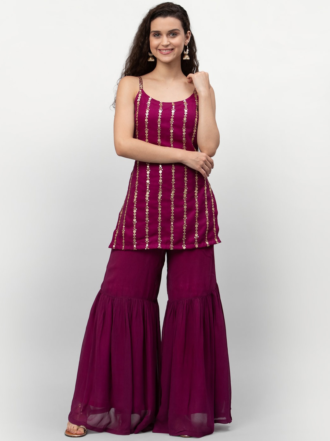 

studio rasa Women Burgundy Georgette Sequin Embroidered Straight Kurti & Sharara