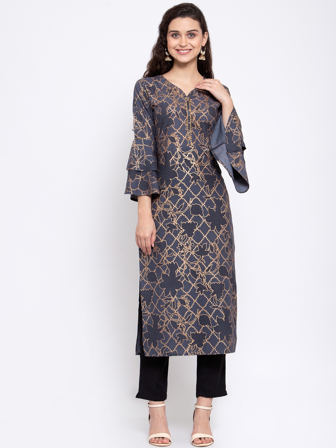 

Indibelle Grey Rayon Gold Floral Print Straight Kurta