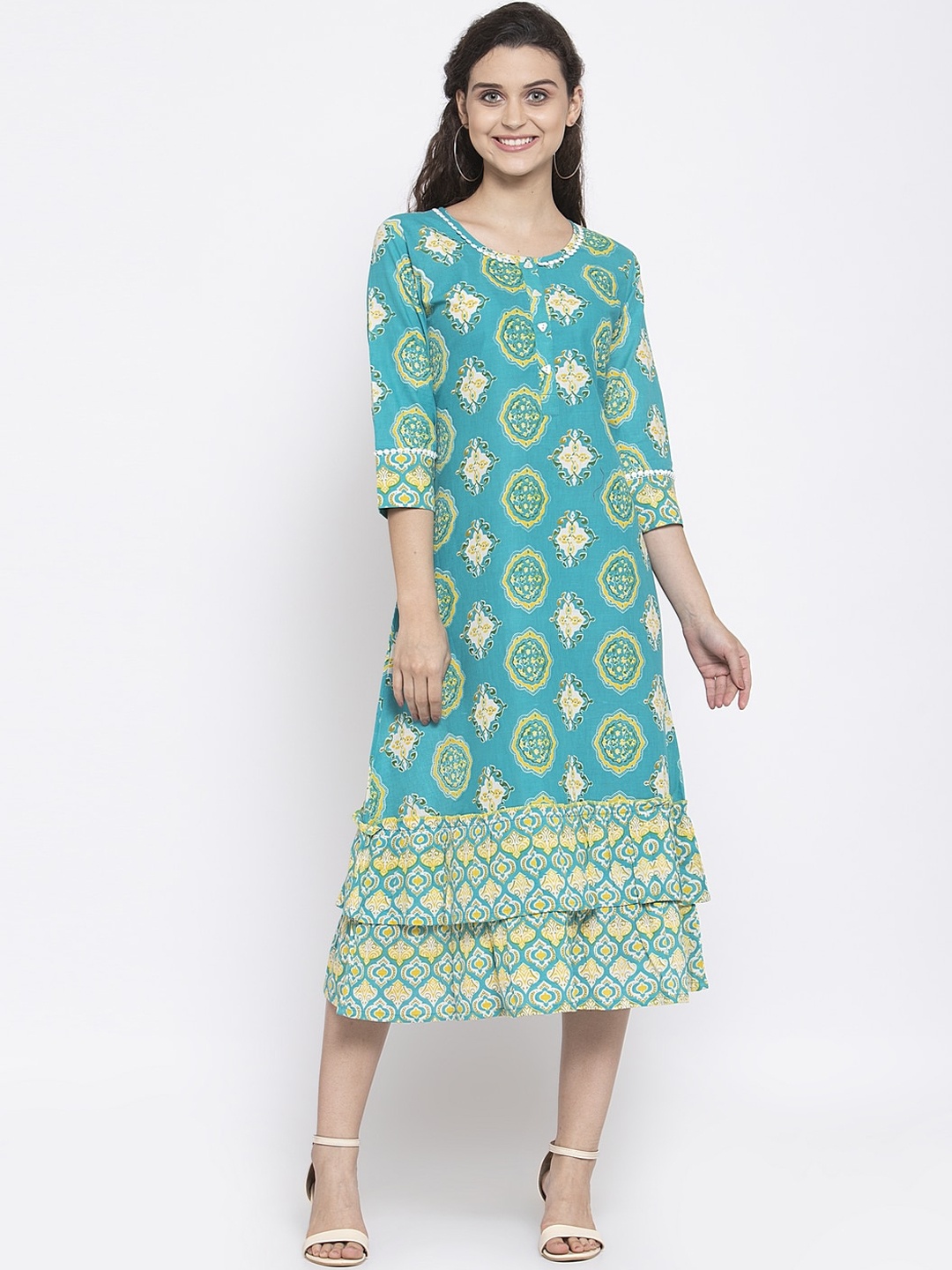 

Indibelle Women Teal Blue Floral Printed A-Line Midi Dress