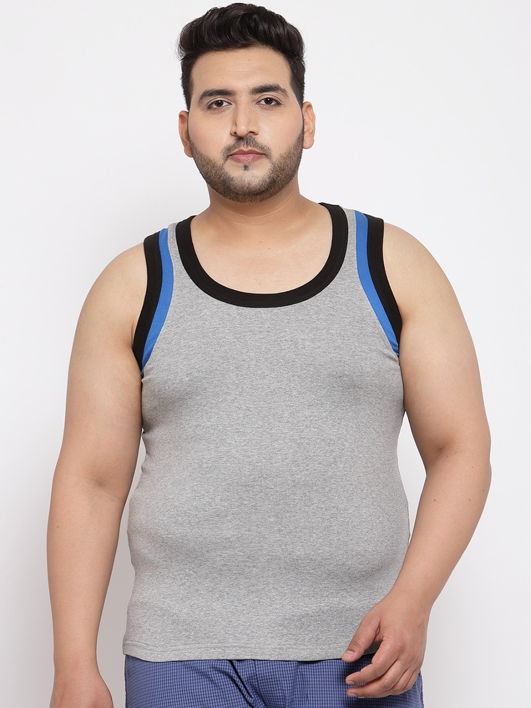 

plusS Men Plus Size Grey & Blue Solid Innerwear Vest MSD9906