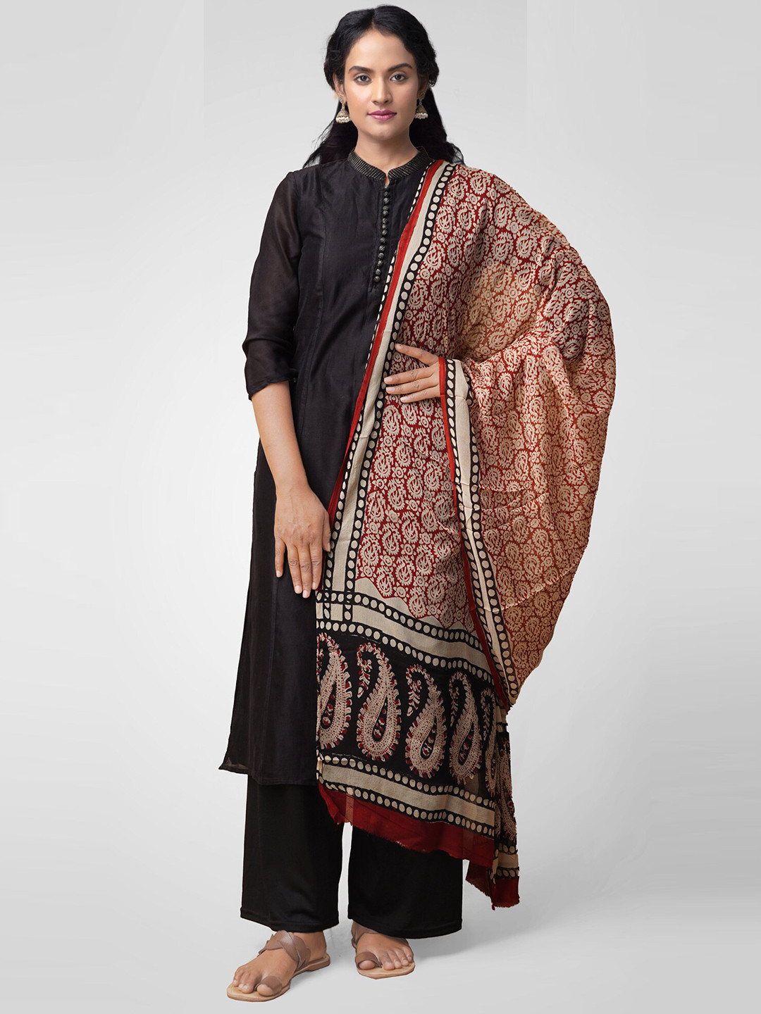 

Unnati Silks Cream-Coloured & Orange Bagru Printed Dupatta