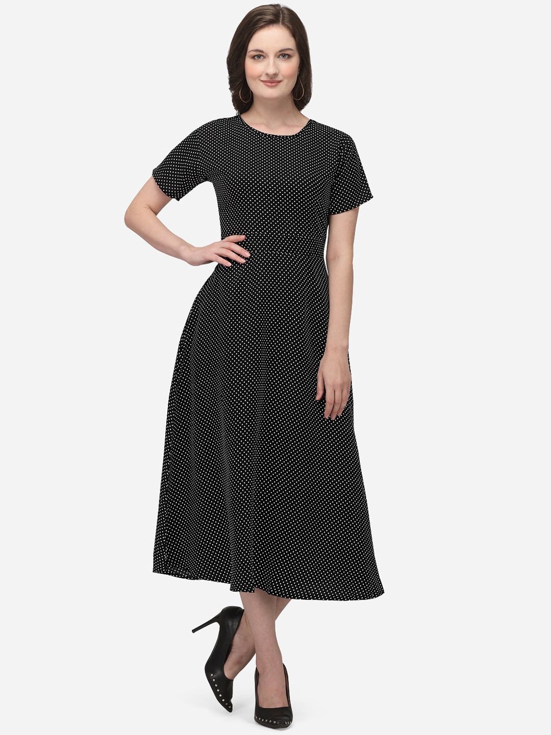 

Florence Women Black Crepe Polka Dots Printed Fit and Flare Dress