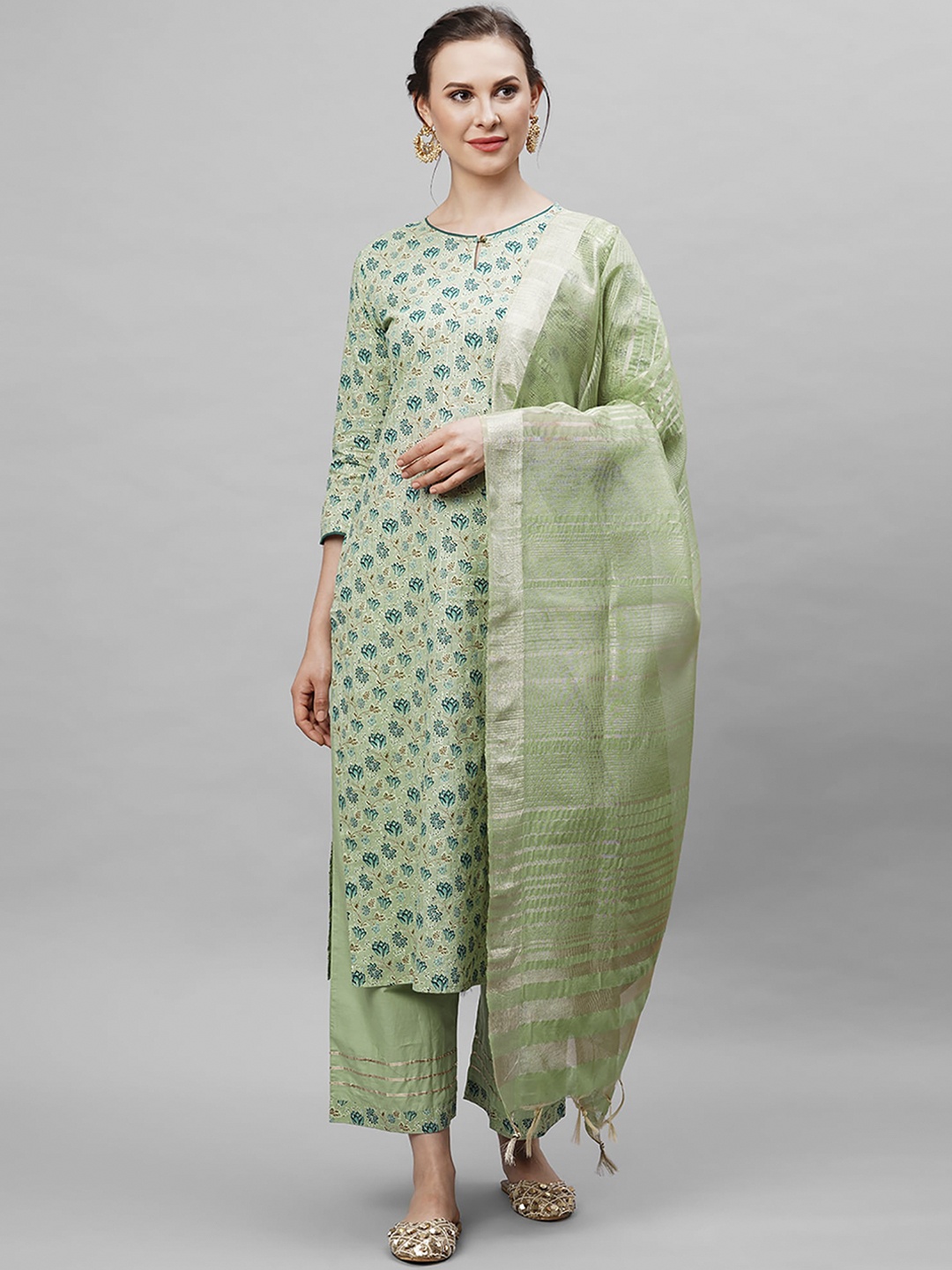 

Indo Era Women Green Floral Printed Kurta With Palazzo And Dupatta