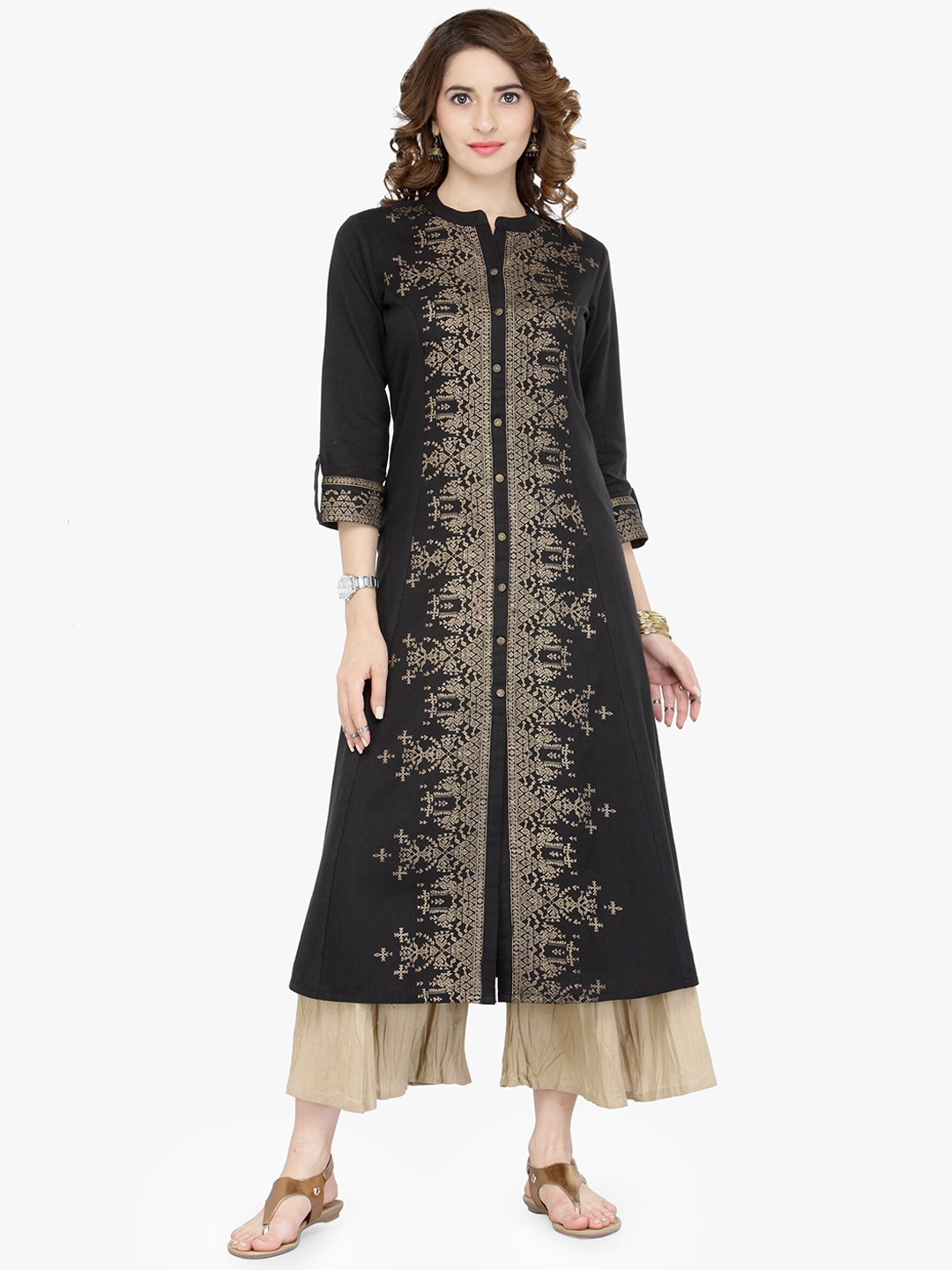 

Varanga Women Black & Beige Ethnic Motifs Panelled A-Line Kurta with Palazzos