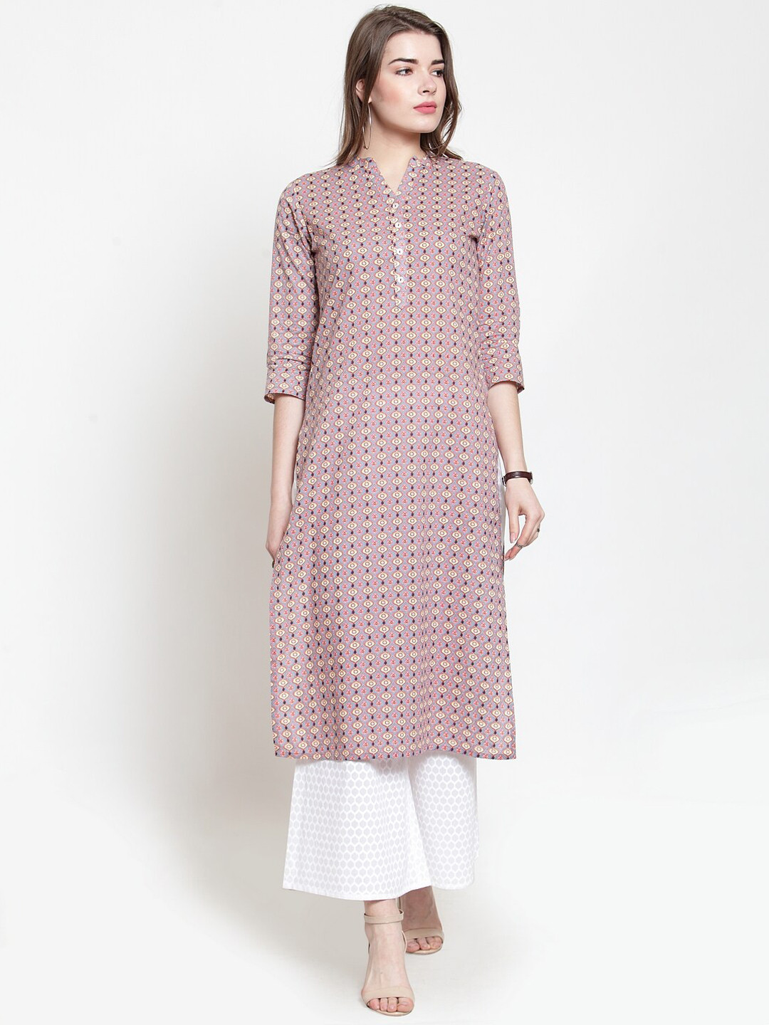 

Varanga Women Pink & White Printed Panelled Straight Pure Cotton Kurta with Palazzos
