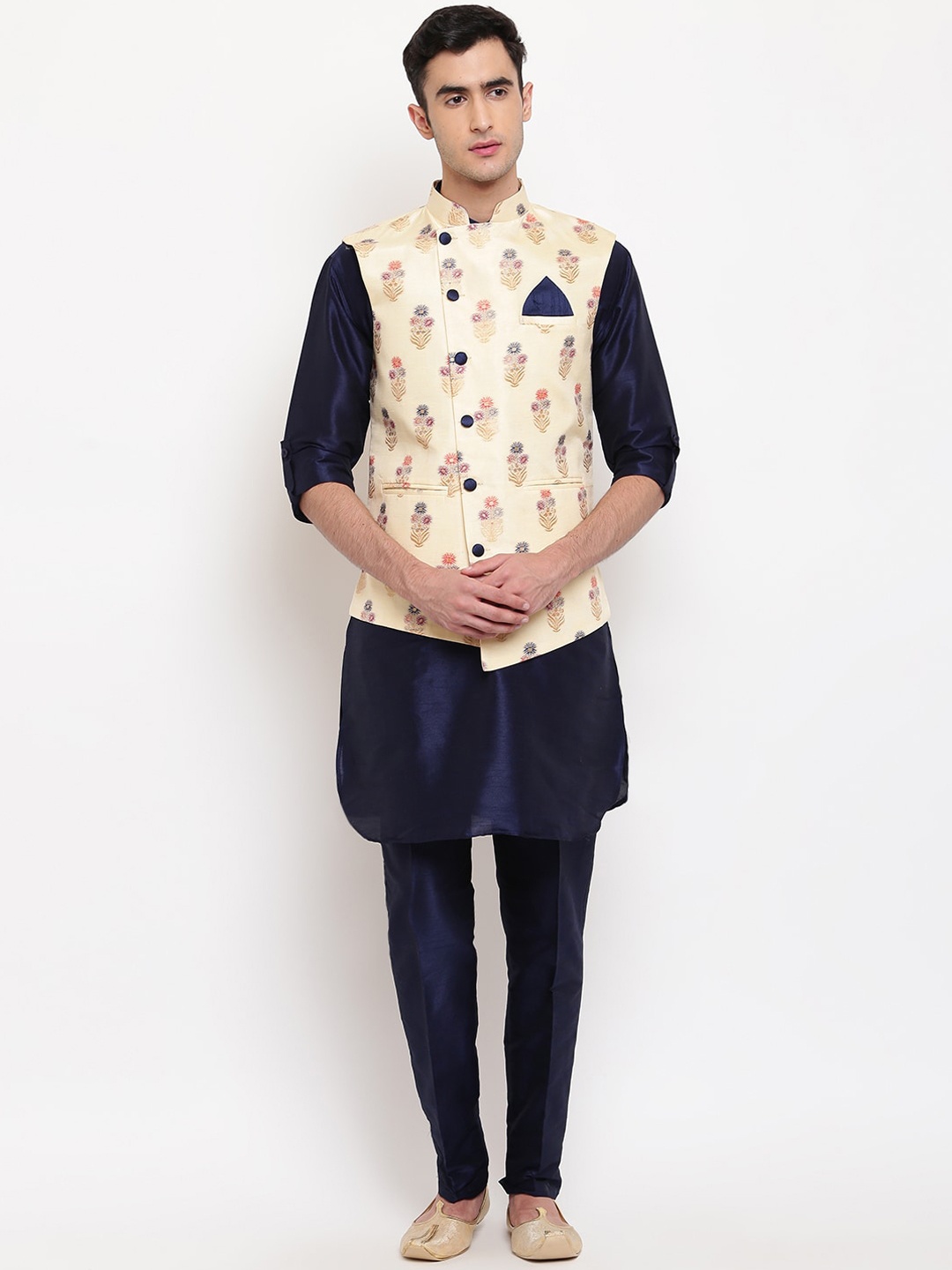 

Aj DEZInES Men Navy Blue & Beige Jacquard Kurta with Pyjamas & Nehru Jacket