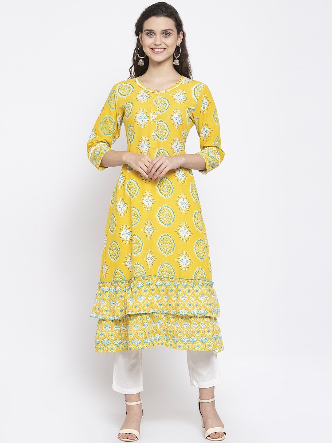 

Indibelle Women Yellow & White Ethnic Motifs Printed Kurta