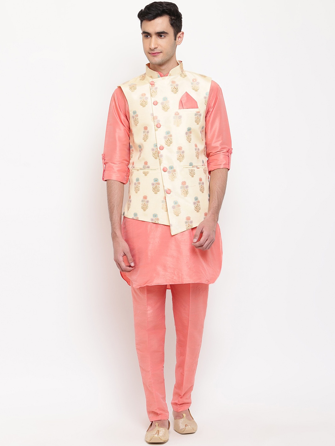 

Aj DEZInES Men Peach-Coloured & Beige Straight Jacquard Kurta with Pyjamas & Nehru Jacket