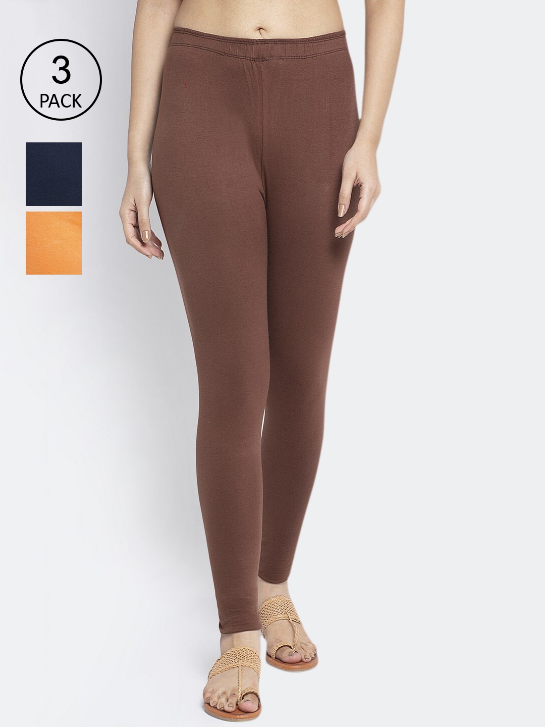 

GRACIT Women Pack of 3 Solid Ankle-Length Leggings, Orange