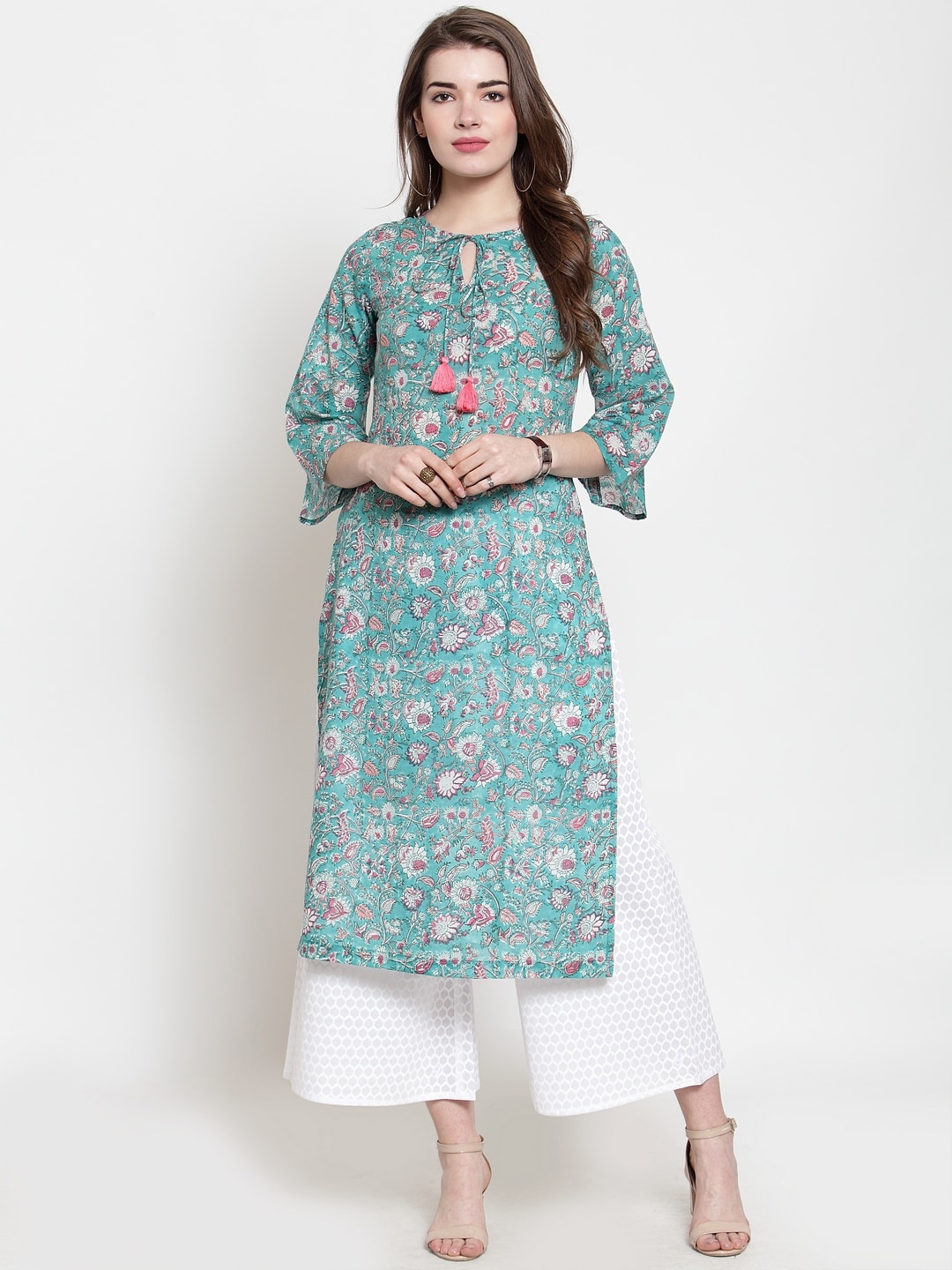 

Varanga Women Blue & White Floral Printed A-Line Pure Cotton Kurta with Palazzos