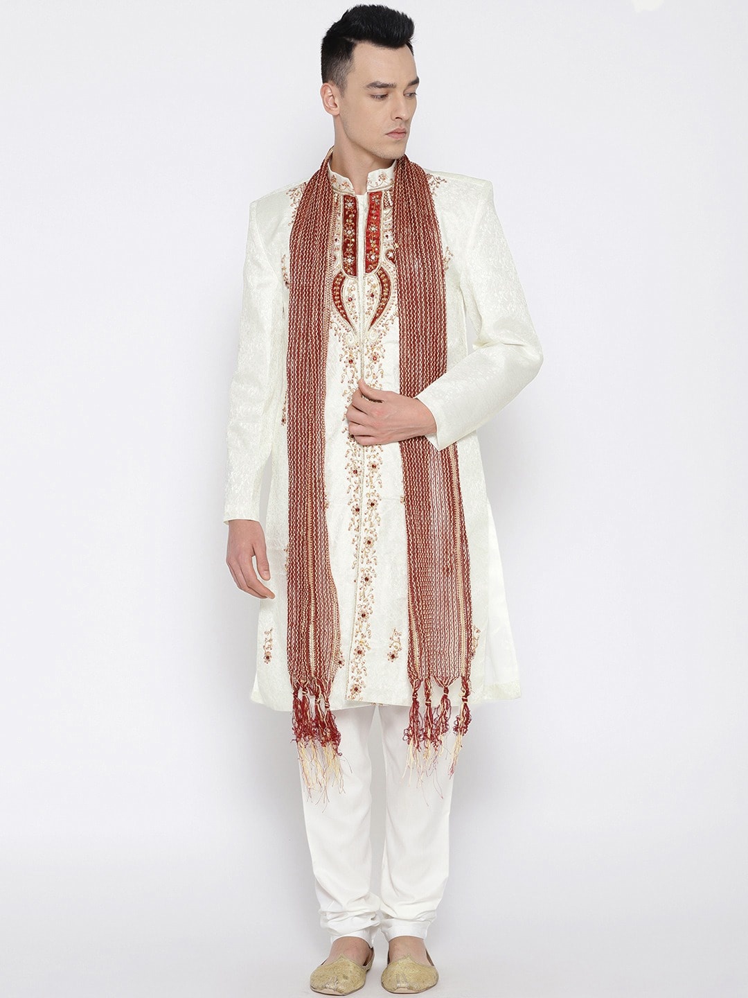 

SG LEMAN Men Cream-Coloured & Maroon Embellished Raw Silk Sherwani with Churidar & Stole