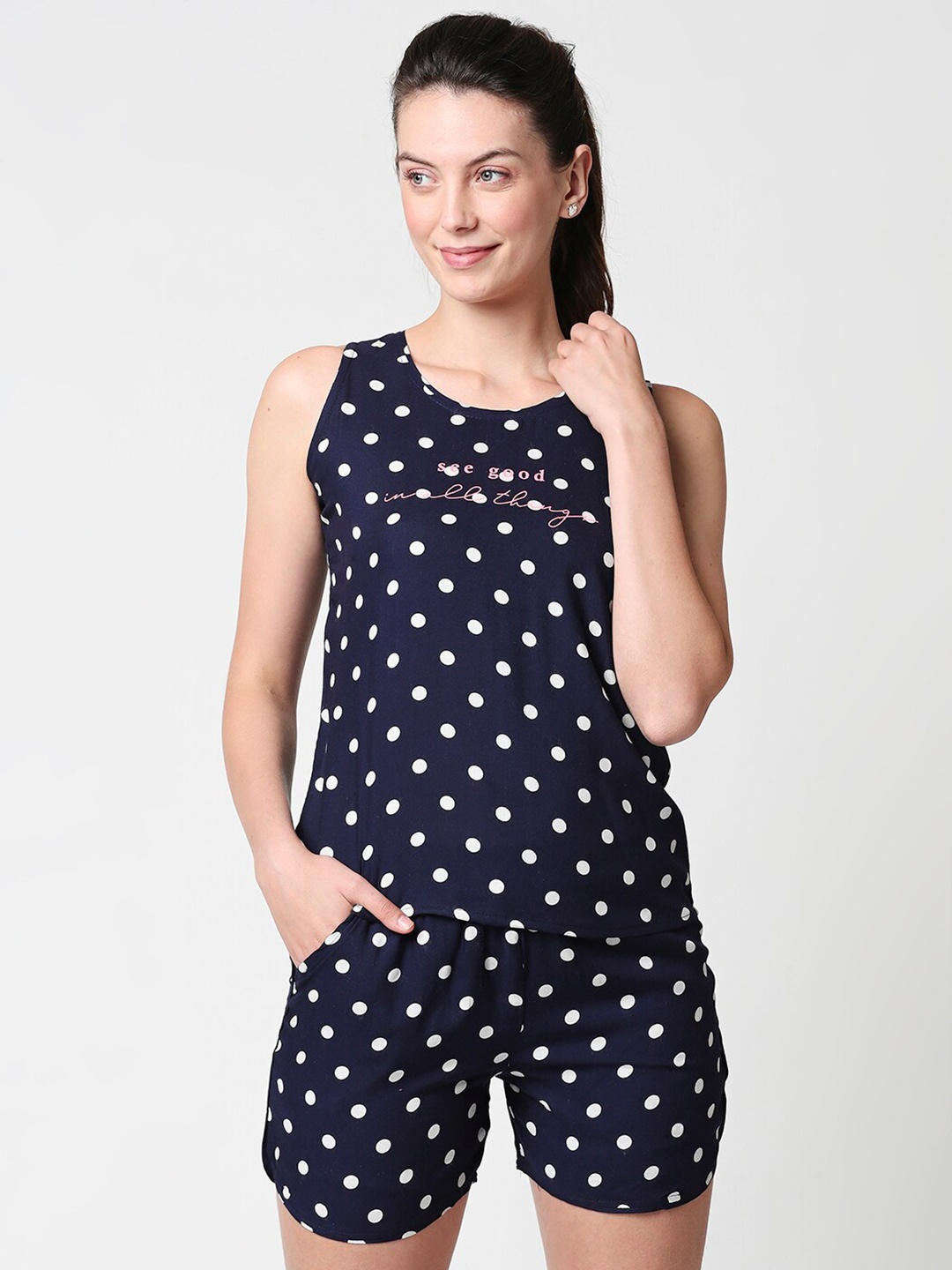 

Zeyo Women Navy Blue & White Polka Dots Printed Night Suit