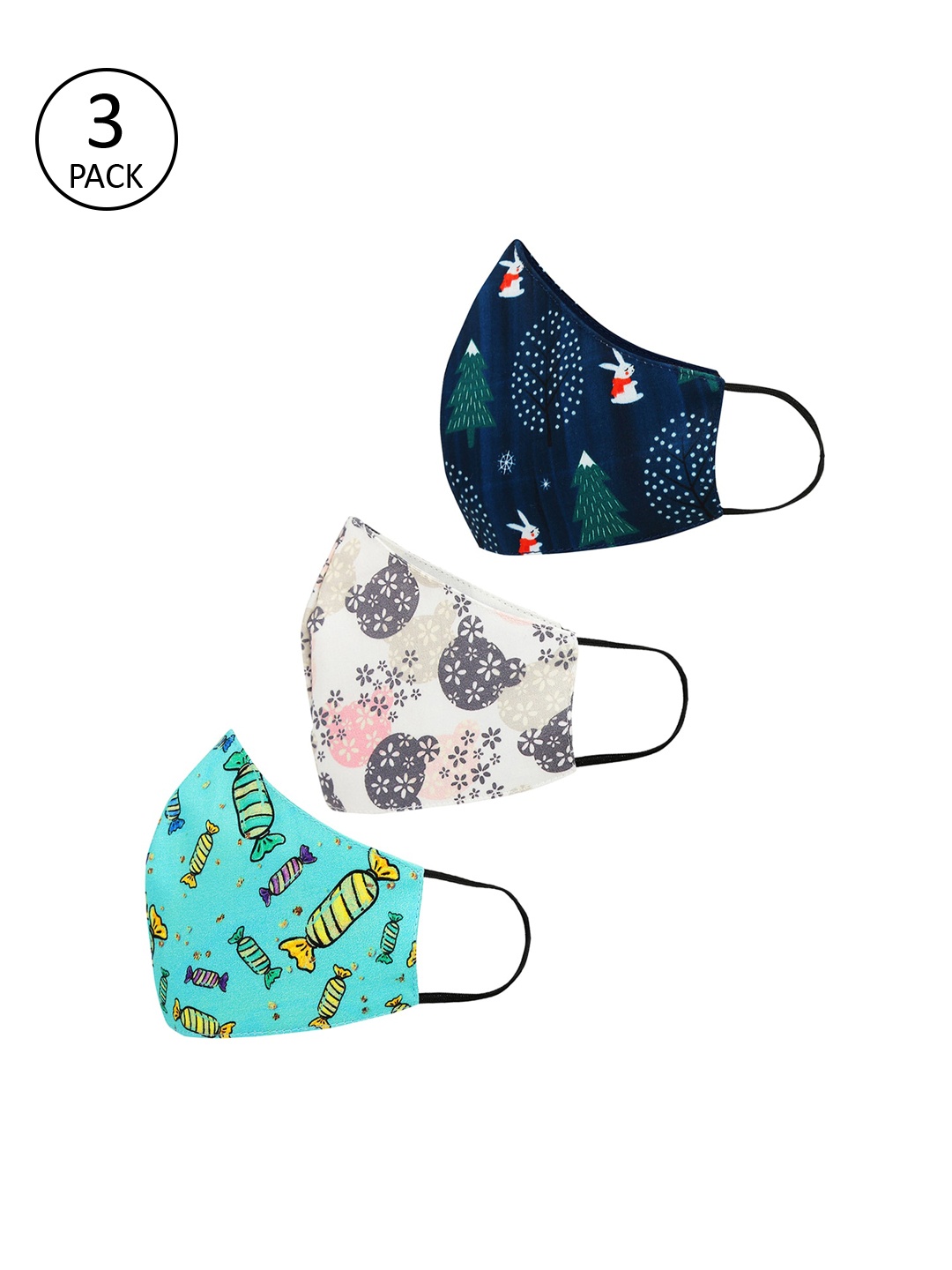 

Tossido Kids Pack Of 3 Printed 3-Ply 100% Cotton Reusable Cloth Masks, Navy blue