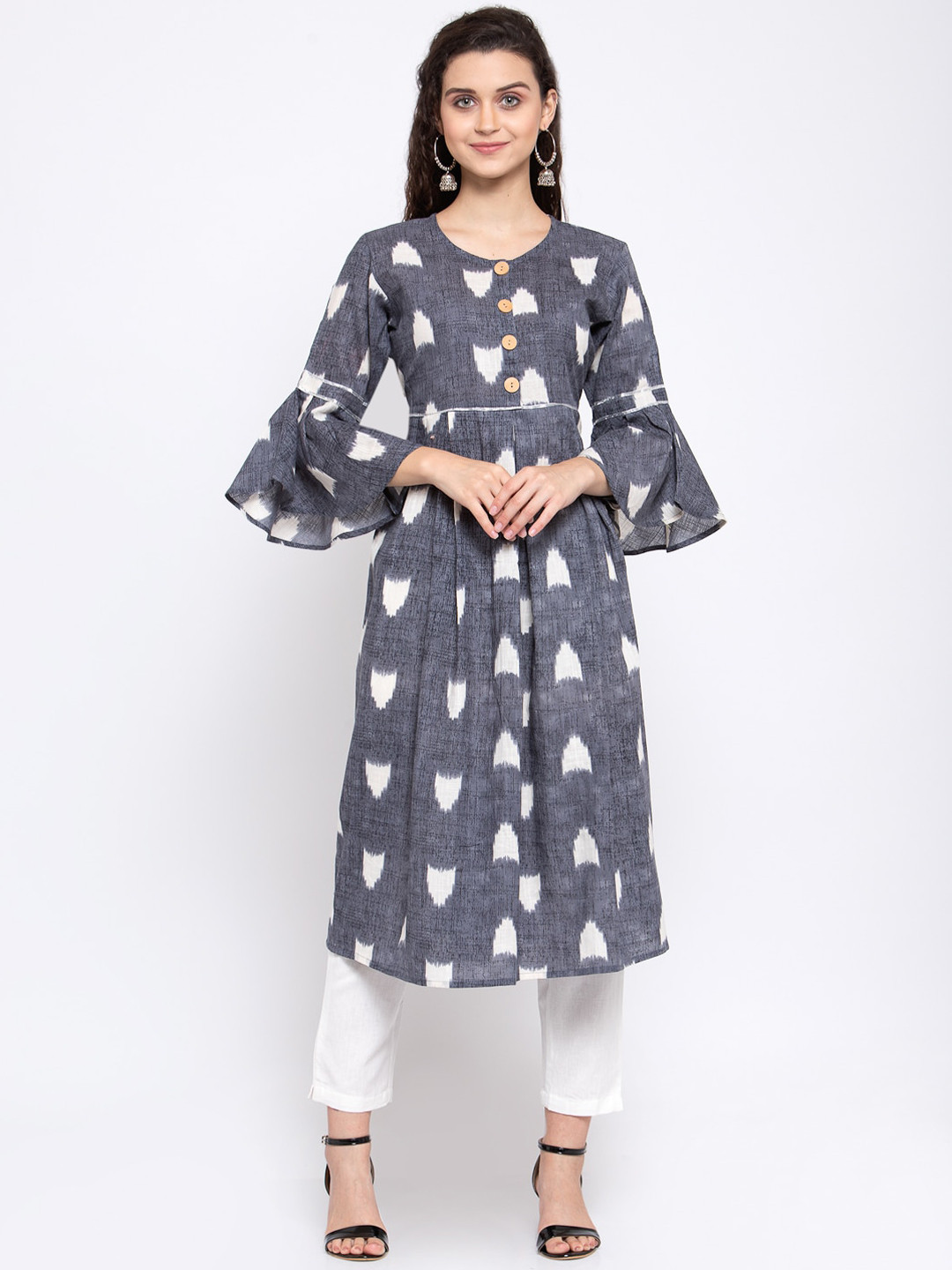 

Indibelle Women Grey Geometric Checked Keyhole Neck Flared Sleeves Thread Work Kurta