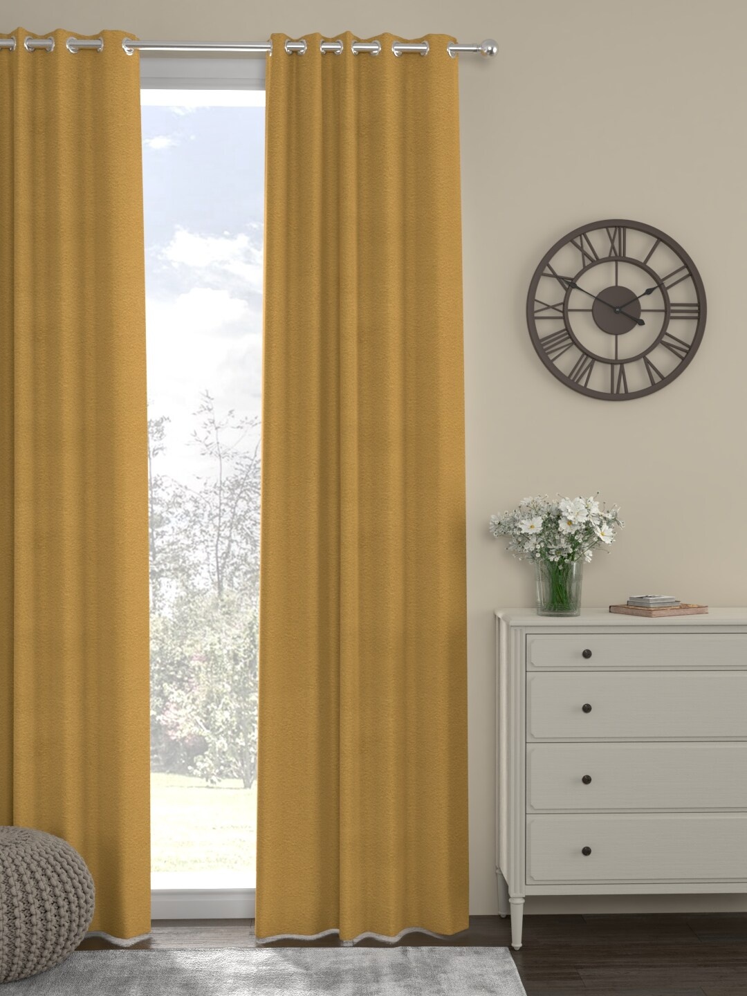 ROSARA HOME Mustard Yellow Single Solid Velvet Long Door Curtain