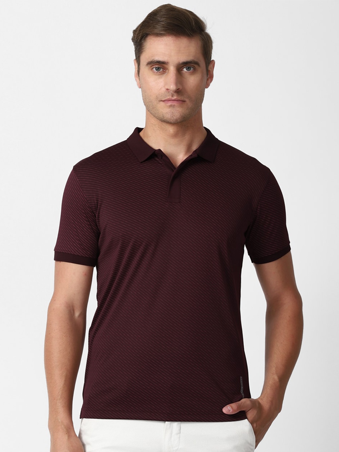 

Louis Philippe Sport Men Burgundy Striped Polo Collar T-shirt