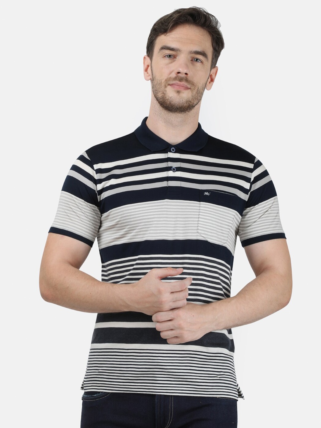 

Monte Carlo Men Navy Blue & White Striped Polo Collar T-shirt